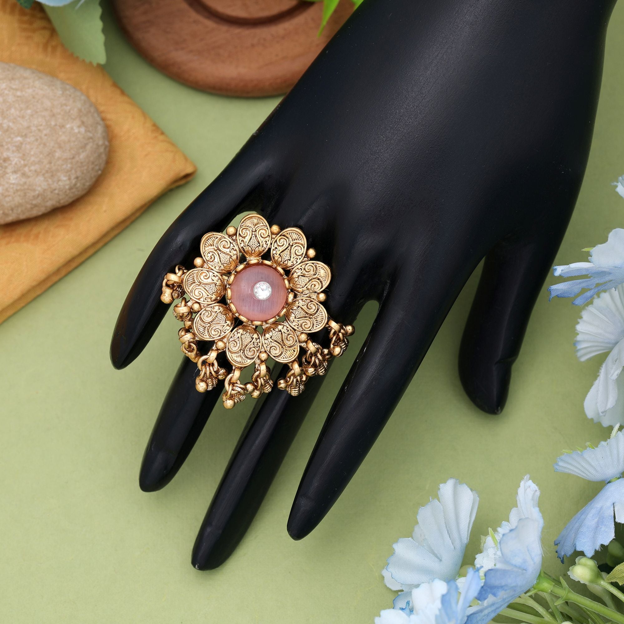 Pink Color Matte Gold Rings Minimal Elegant Daily Wear Jewelry - Pink