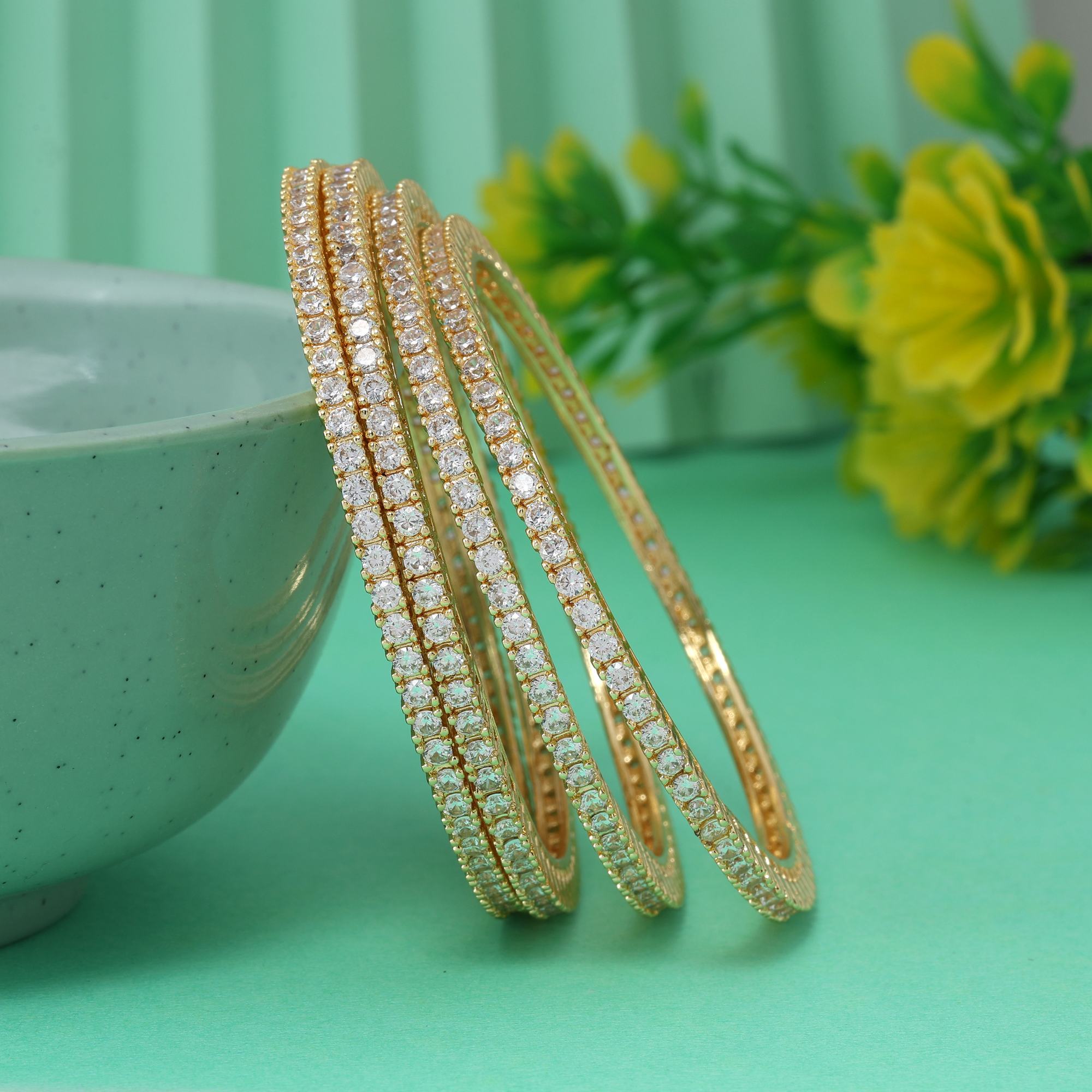 Gold Color Elegant Designer American Diamond Bangle Set Size: 2.10 For Wedding Functions - Gold / 2.10