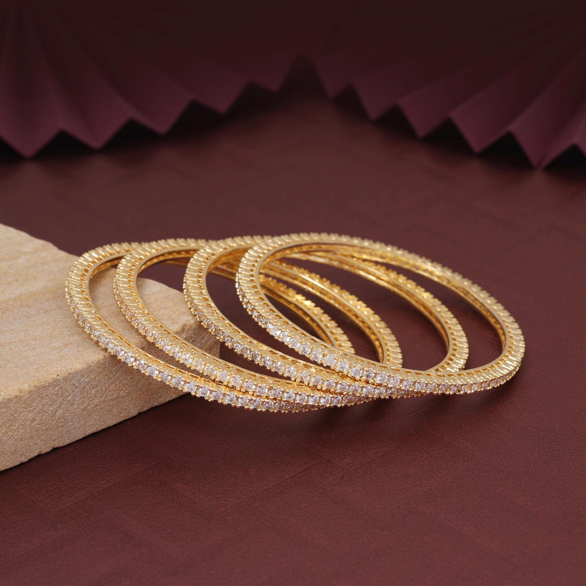 Gold Color Elegant Designer American Diamond Bangle Set Size: 2.8 For Wedding Functions - Gold / 2.8