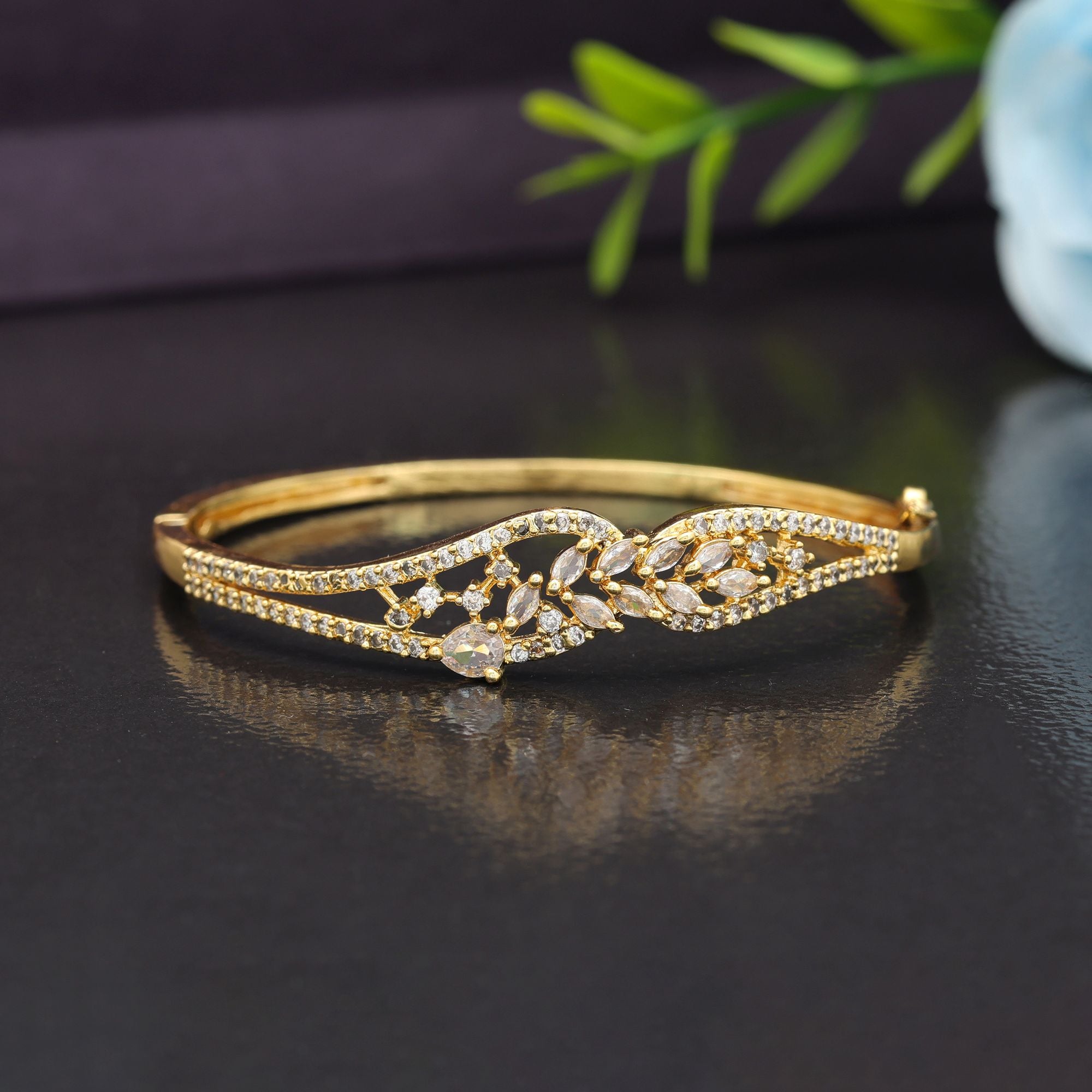 Gold Color American Diamond Bracelet Royal Wedding Statement Jewelry Collection Design - Gold