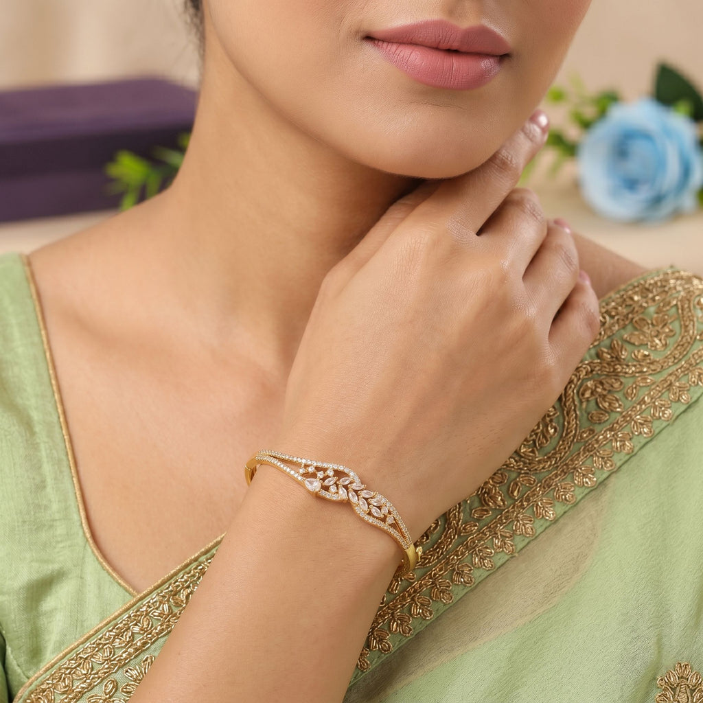 Gold Color American Diamond Bracelet Royal Wedding Statement Jewelry Collection Design - Gold