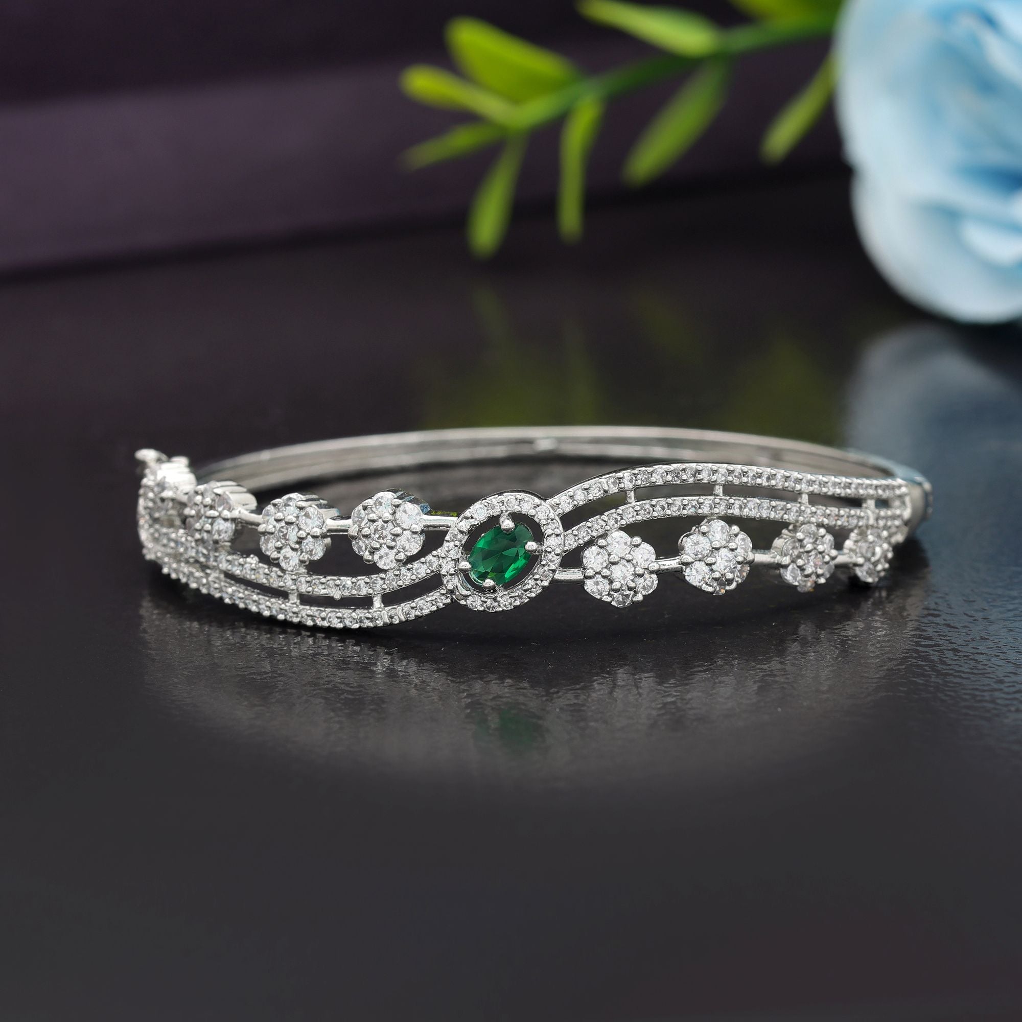 Green Color American Diamond Bracelet Stylish Ethnic Party Wear Jewelry Collection - Green