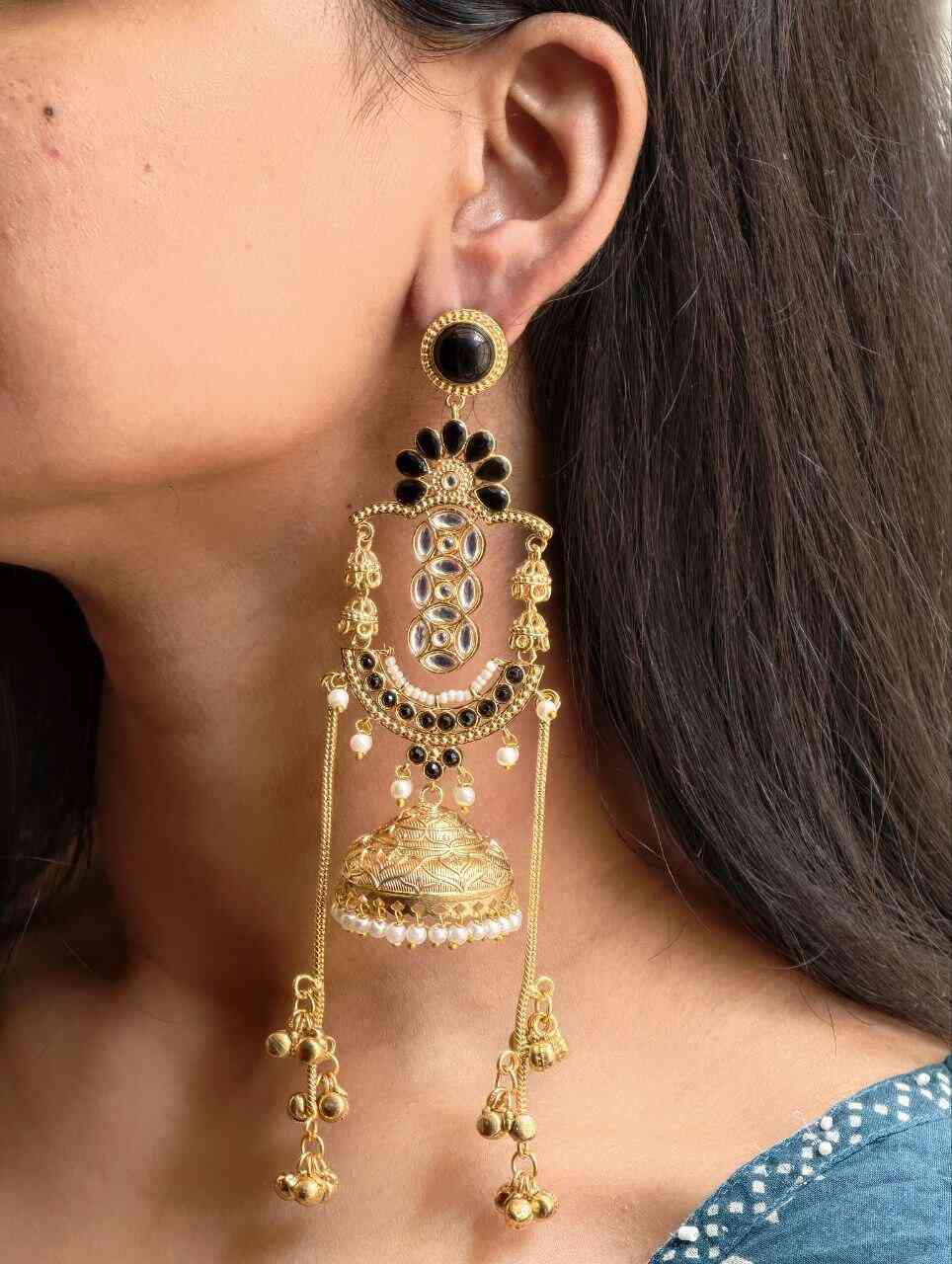 Premium Long Kashmiri Jhumka Earrings with Traditional Adorable Designs-Black