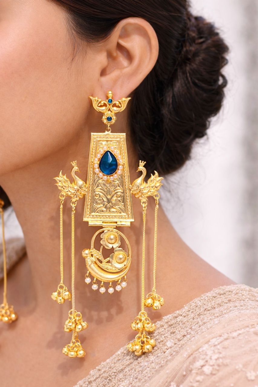 Traditional Kashmiri Earring Peacock Design With Elegant Pearl Work Detailing- Blue