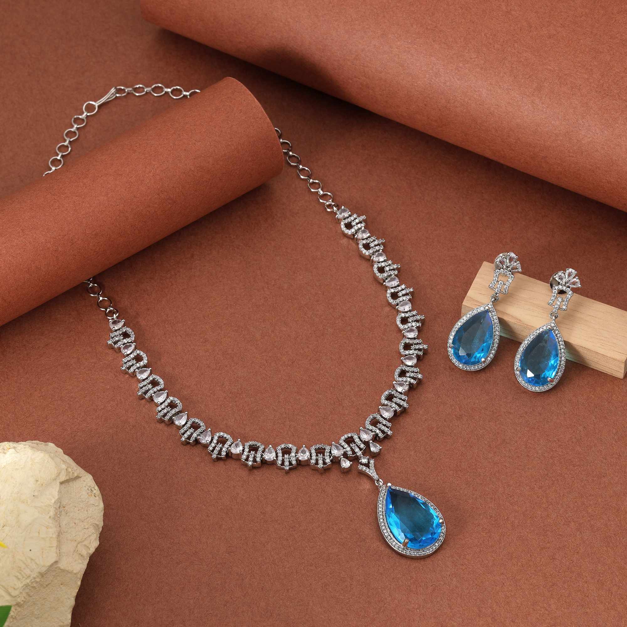 Firozi Color Beautiful Designer American Diamond Necklace Set For Festive And Cultural Events - Firozi