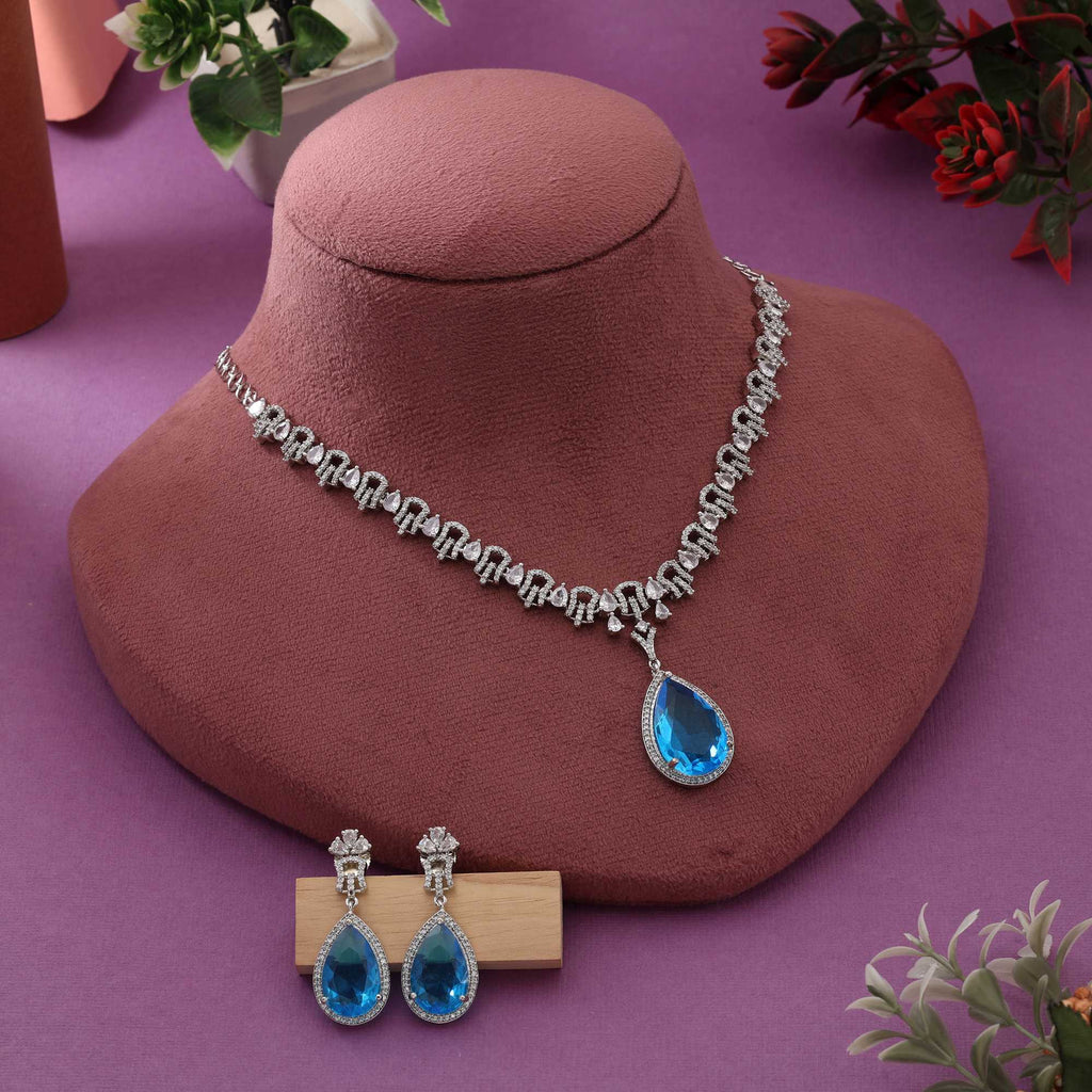 Firozi Color Beautiful Designer American Diamond Necklace Set For Festive And Cultural Events - Firozi
