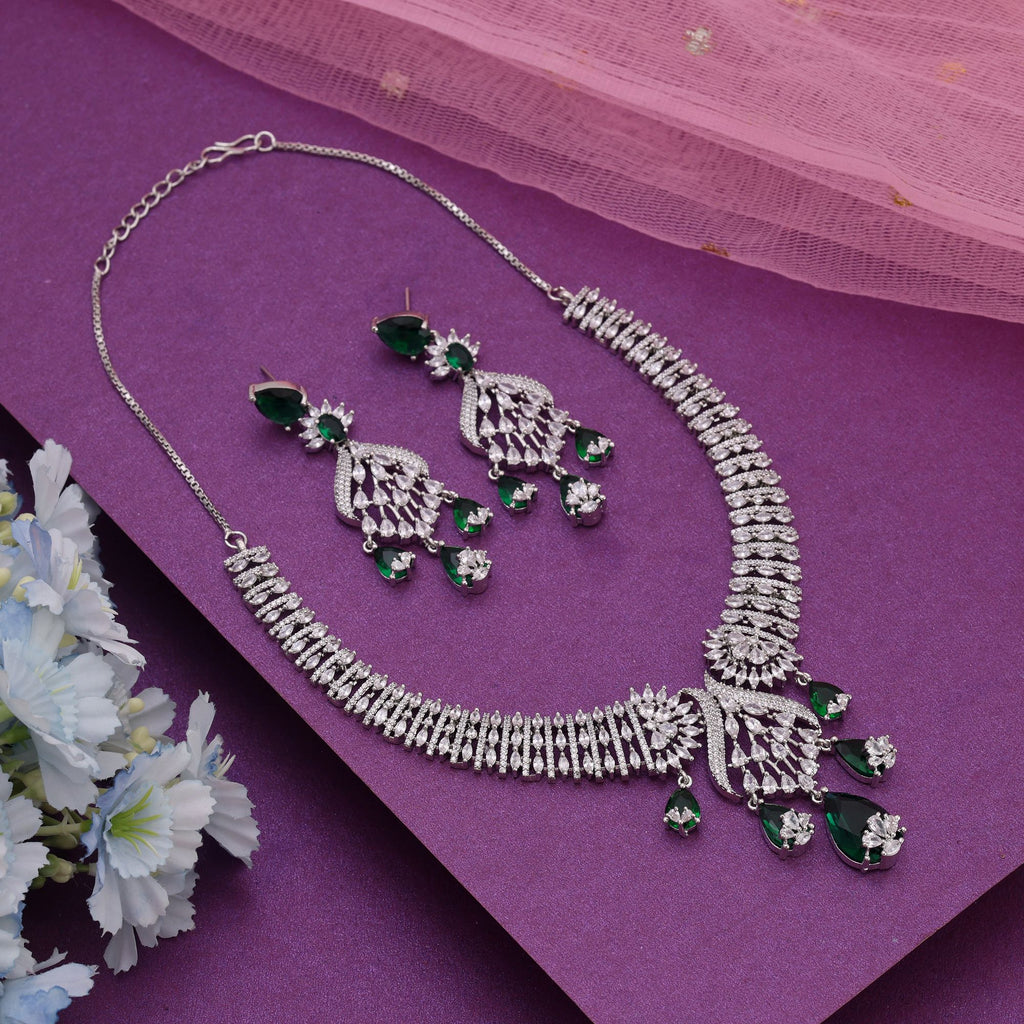 Green Color American Diamond Necklace Set Designed For Elegant Traditional Festive Occasions - Green