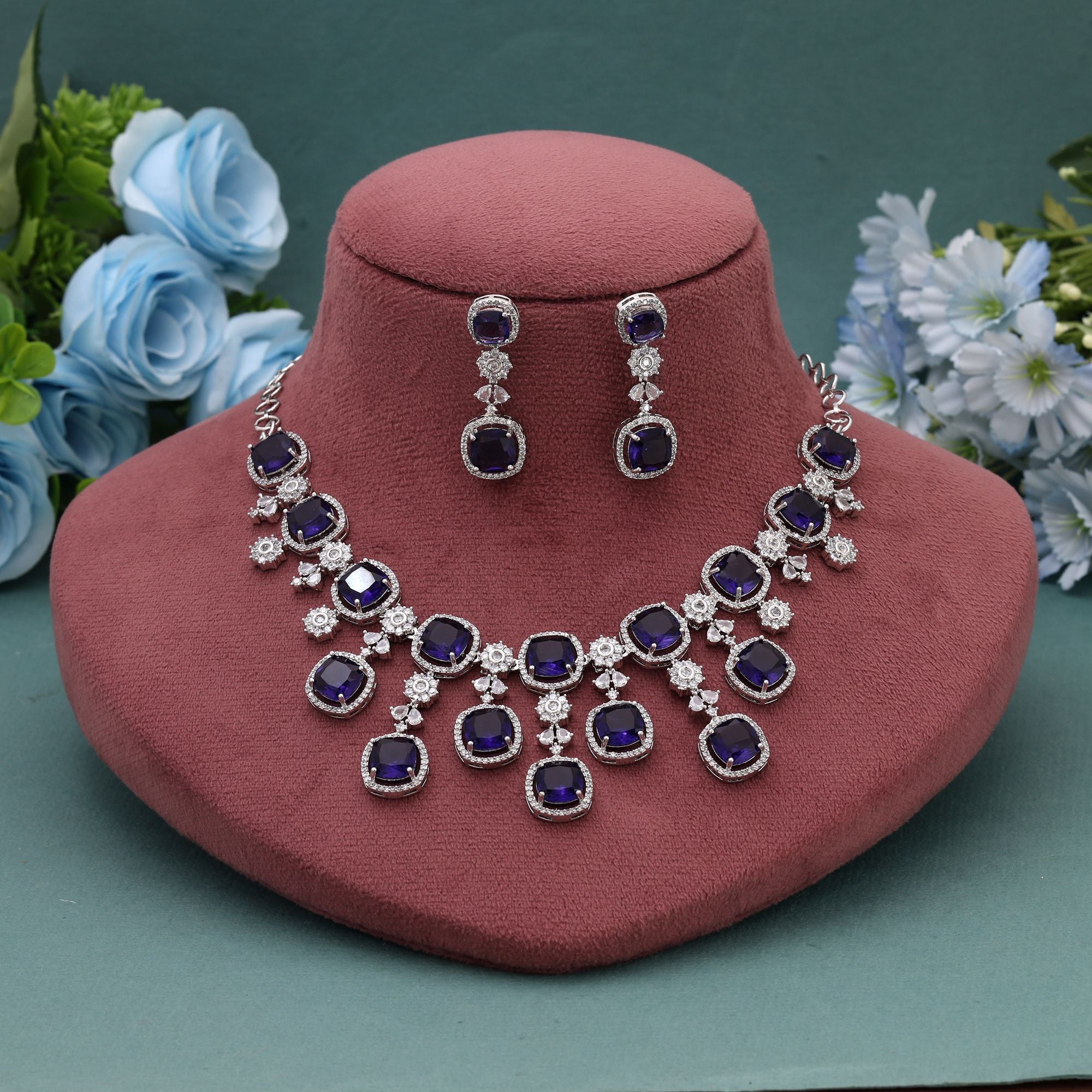 Purple Color American Diamond Necklace Set Inspired By Royal Tones And Festive Fashion - Purple