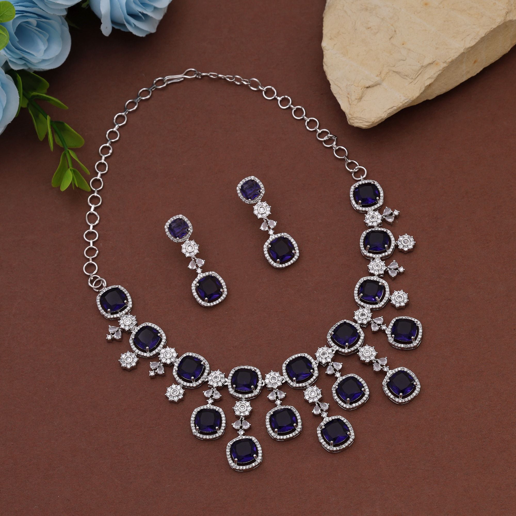 Purple Color American Diamond Necklace Set Inspired By Royal Tones And Festive Fashion - Purple