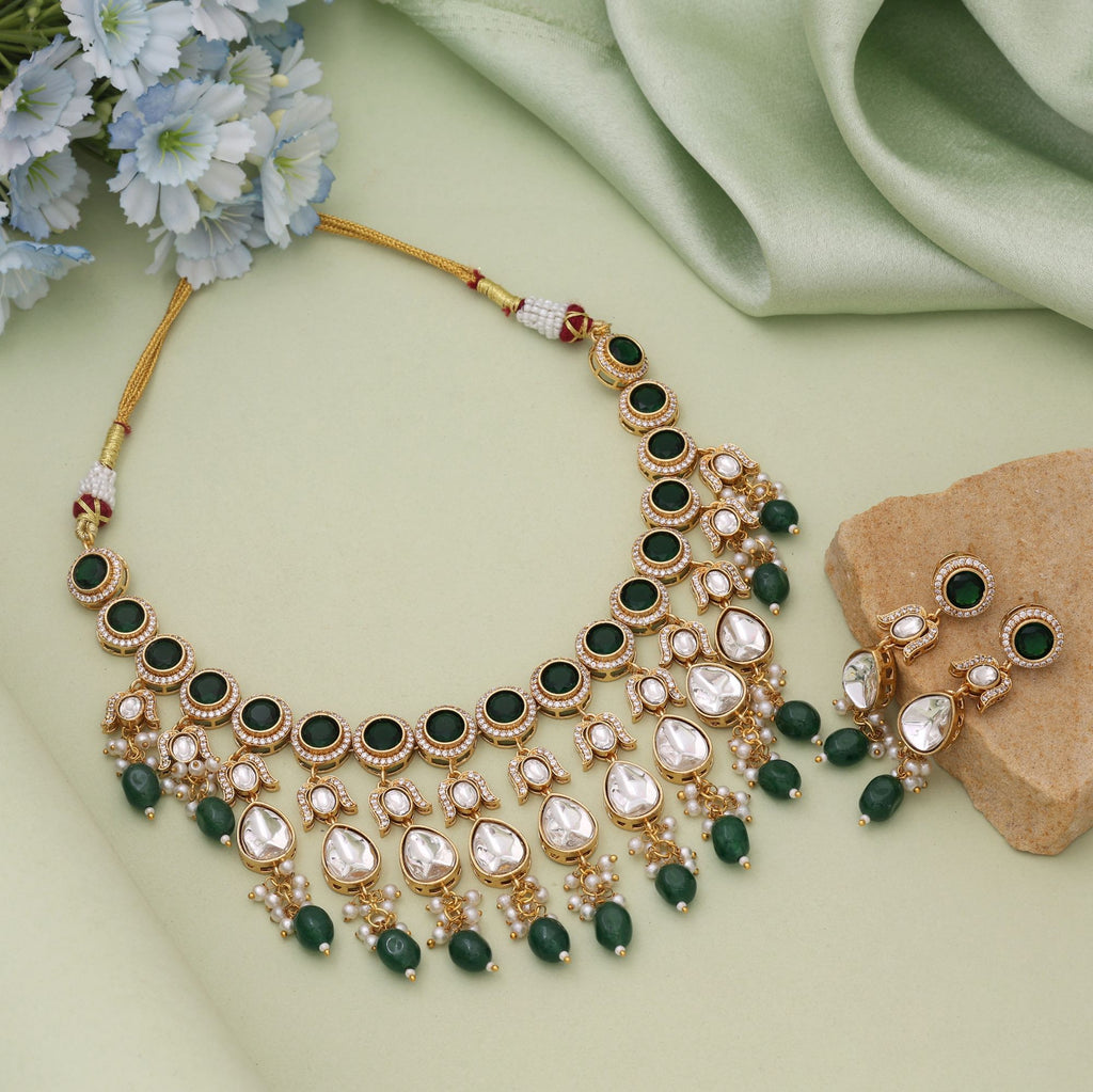 Green Color American Diamond Necklace Set Featuring Rich Tone And Diamond Brilliance - Green