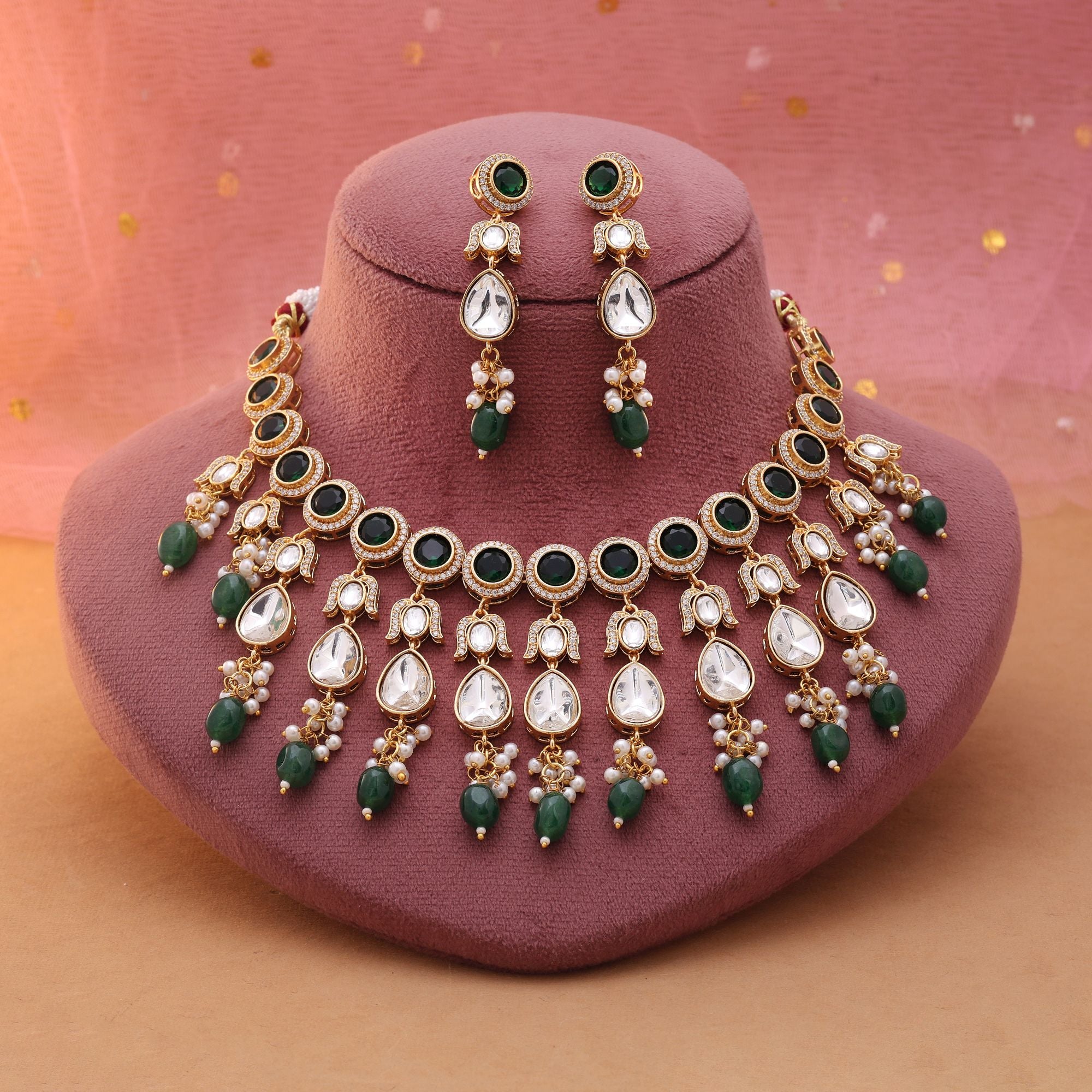 Green Color American Diamond Necklace Set Featuring Rich Tone And Diamond Brilliance - Green