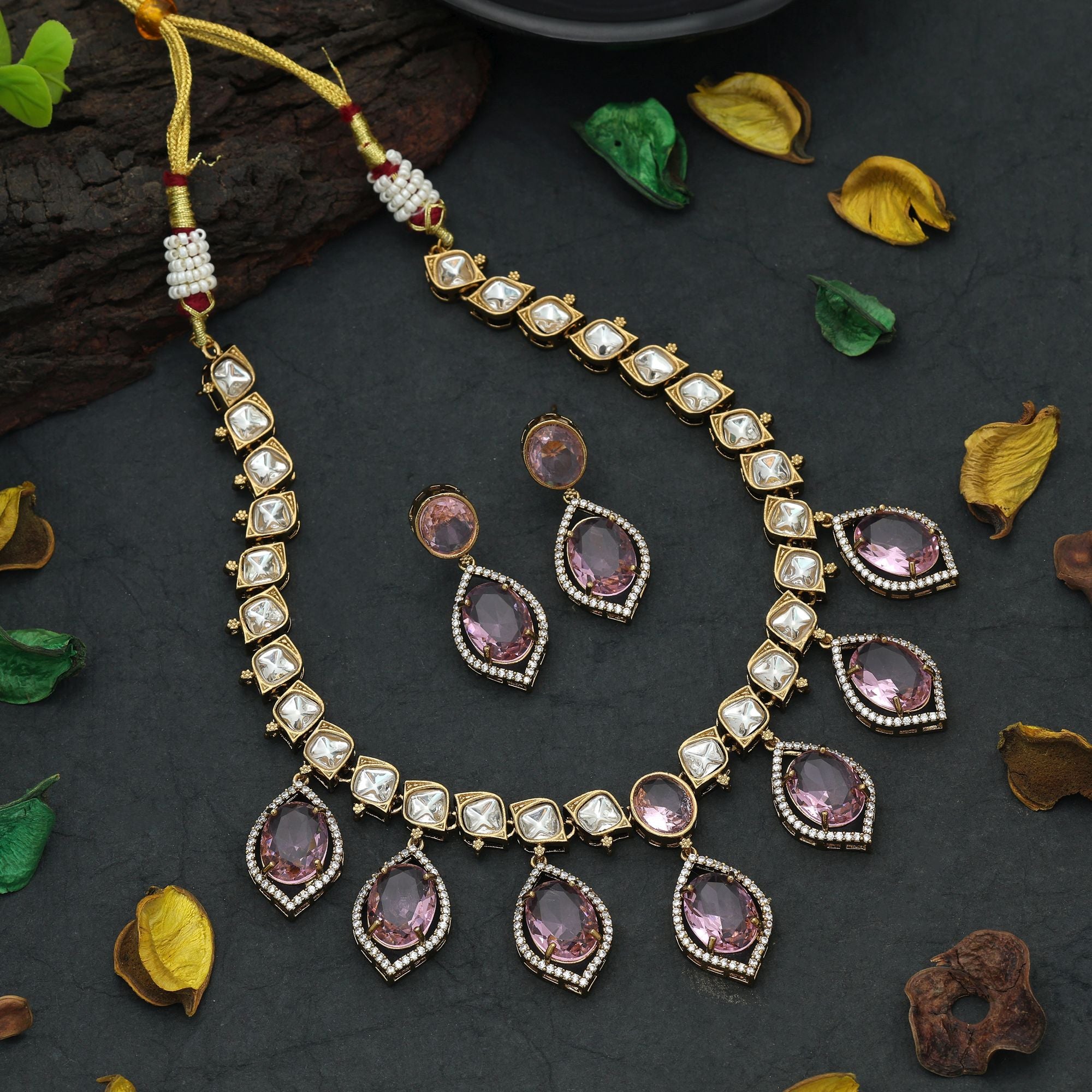 Pink Color American Diamond Necklace Set Feminine Party Wear Designer Jewelry Collection - Pink
