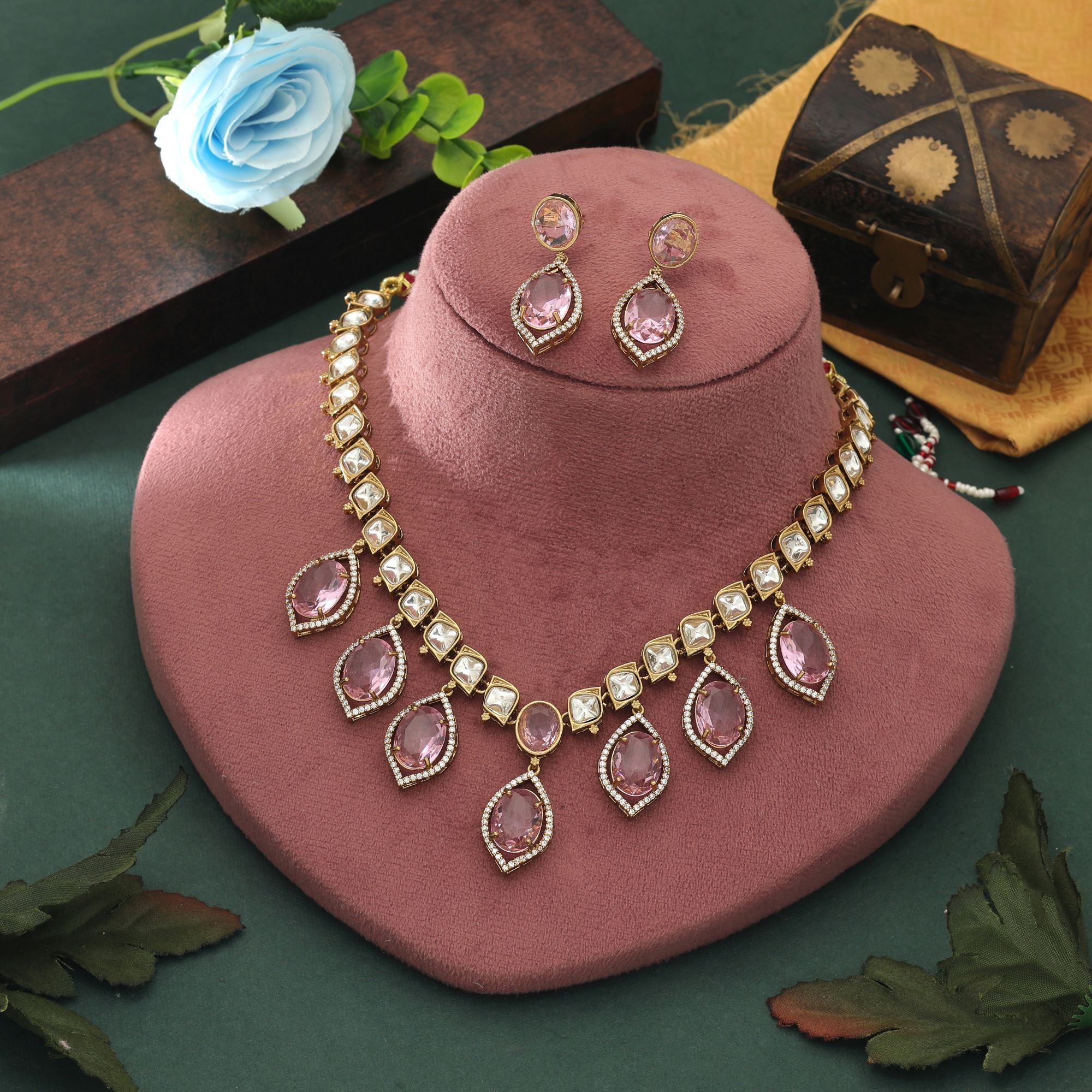 Pink Color American Diamond Necklace Set Feminine Party Wear Designer Jewelry Collection - Pink