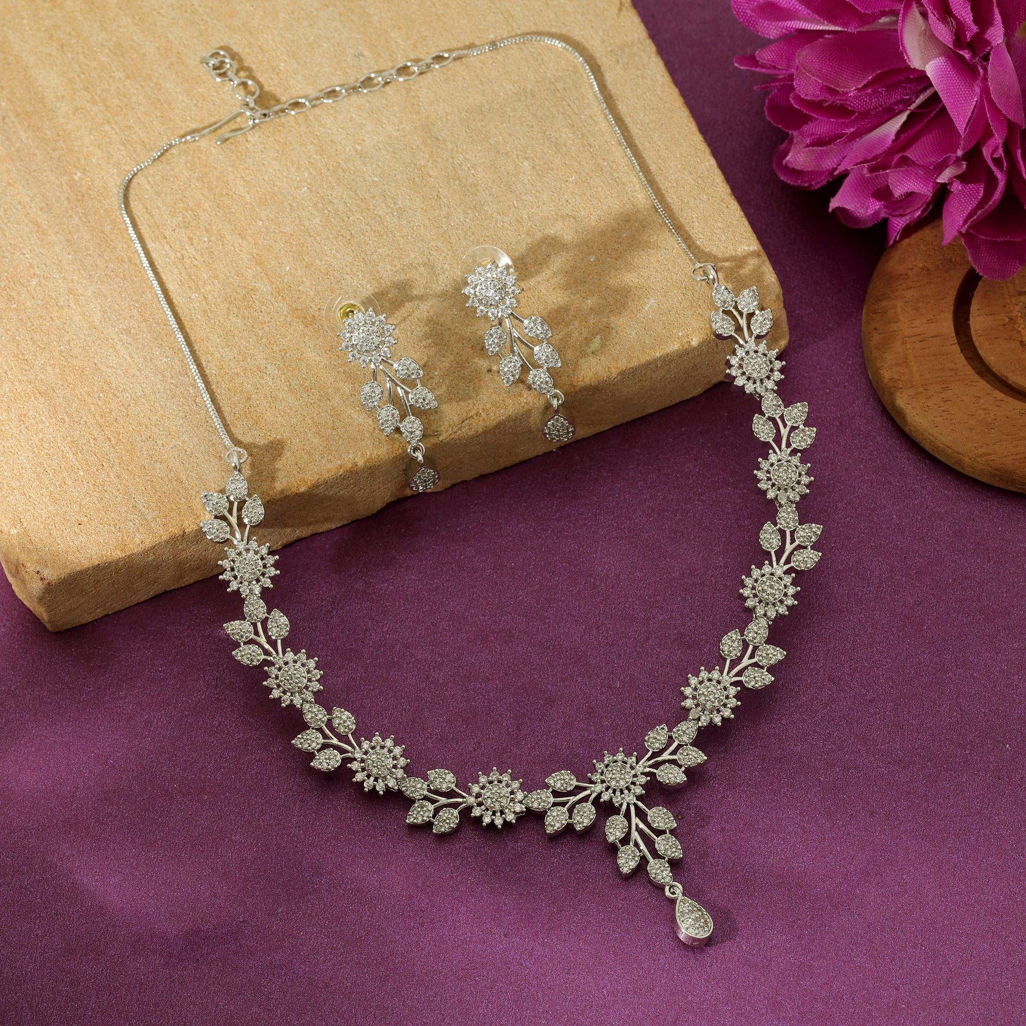 Silver Color American Diamond Necklace Set Elegant Traditional Party Wear Jewelry Design - Silver