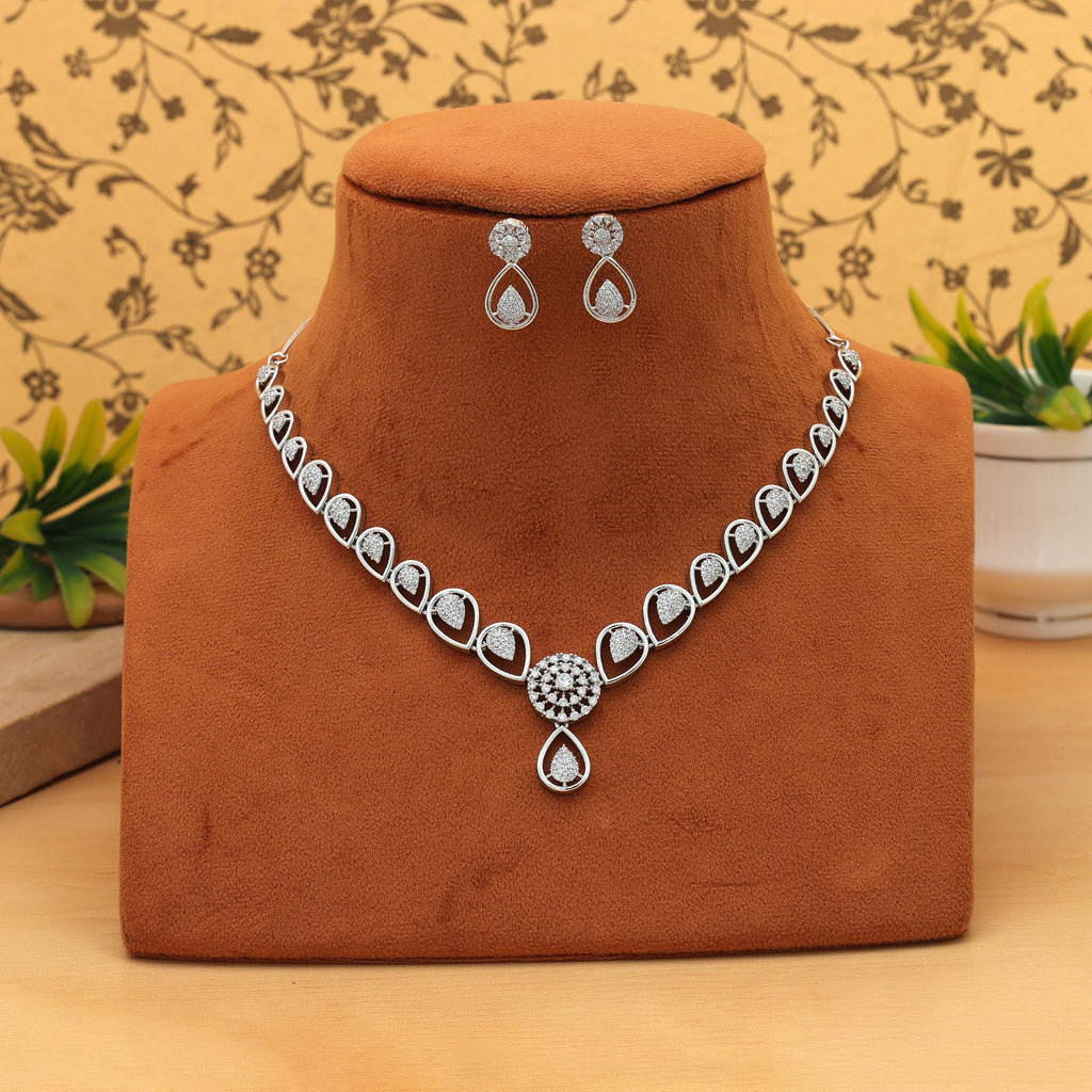 Silver Color American Diamond Necklace Set Classic Festive Traditional Statement Jewelry Design - Silver