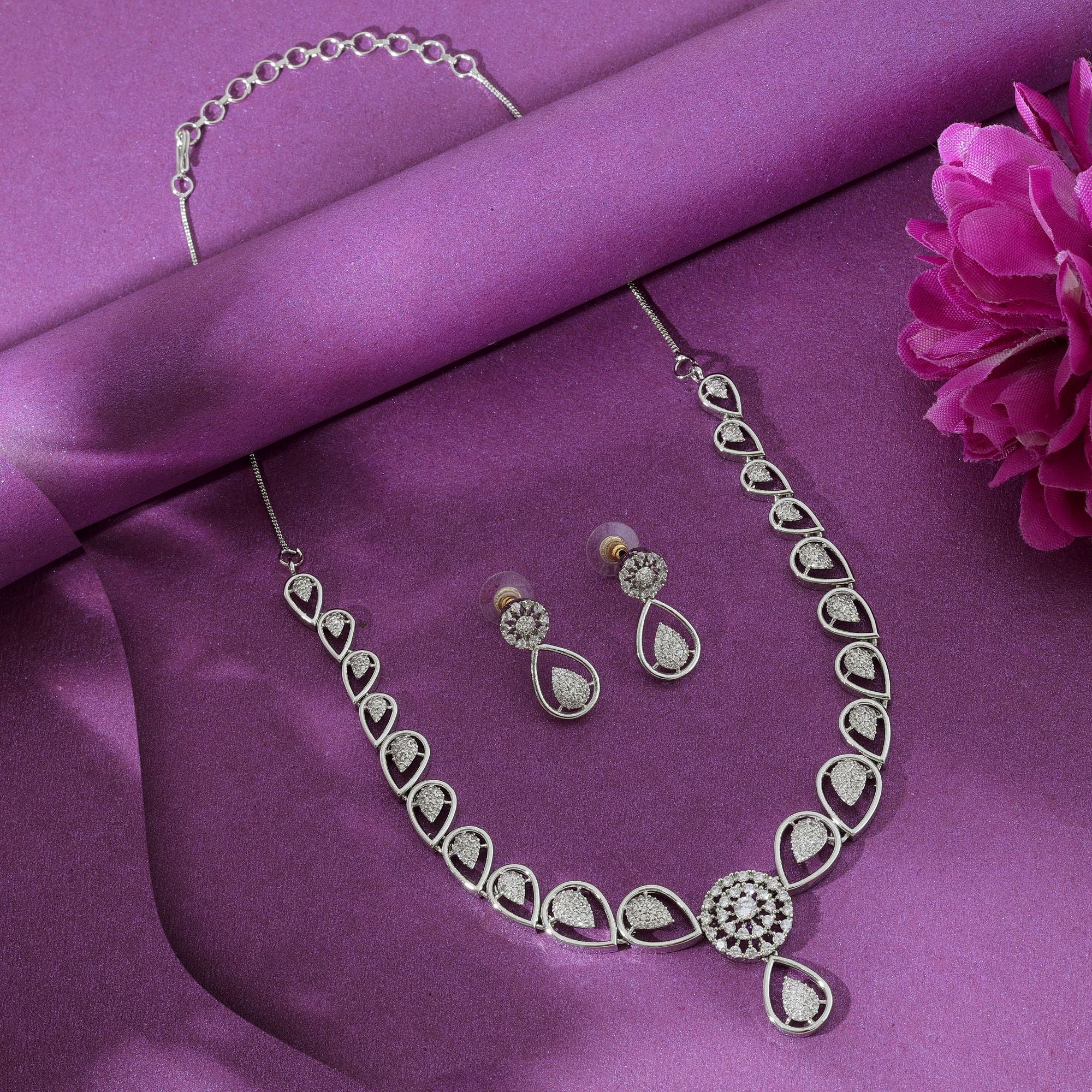 Silver Color American Diamond Necklace Set Classic Festive Traditional Statement Jewelry Design - Silver