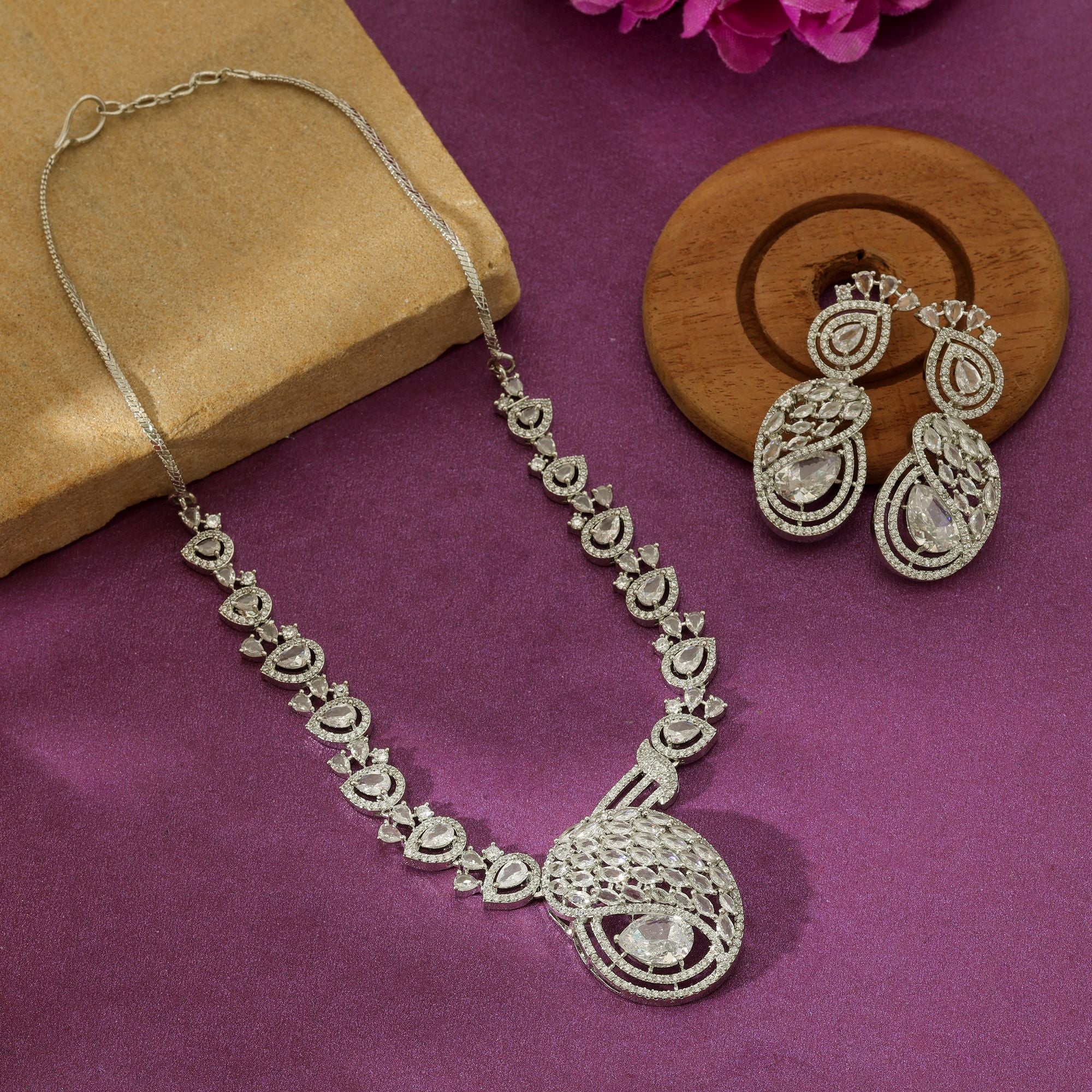 Silver Color American Diamond Necklace Set Trendy Ethnic Lightweight Daily Wear Jewelry - Silver
