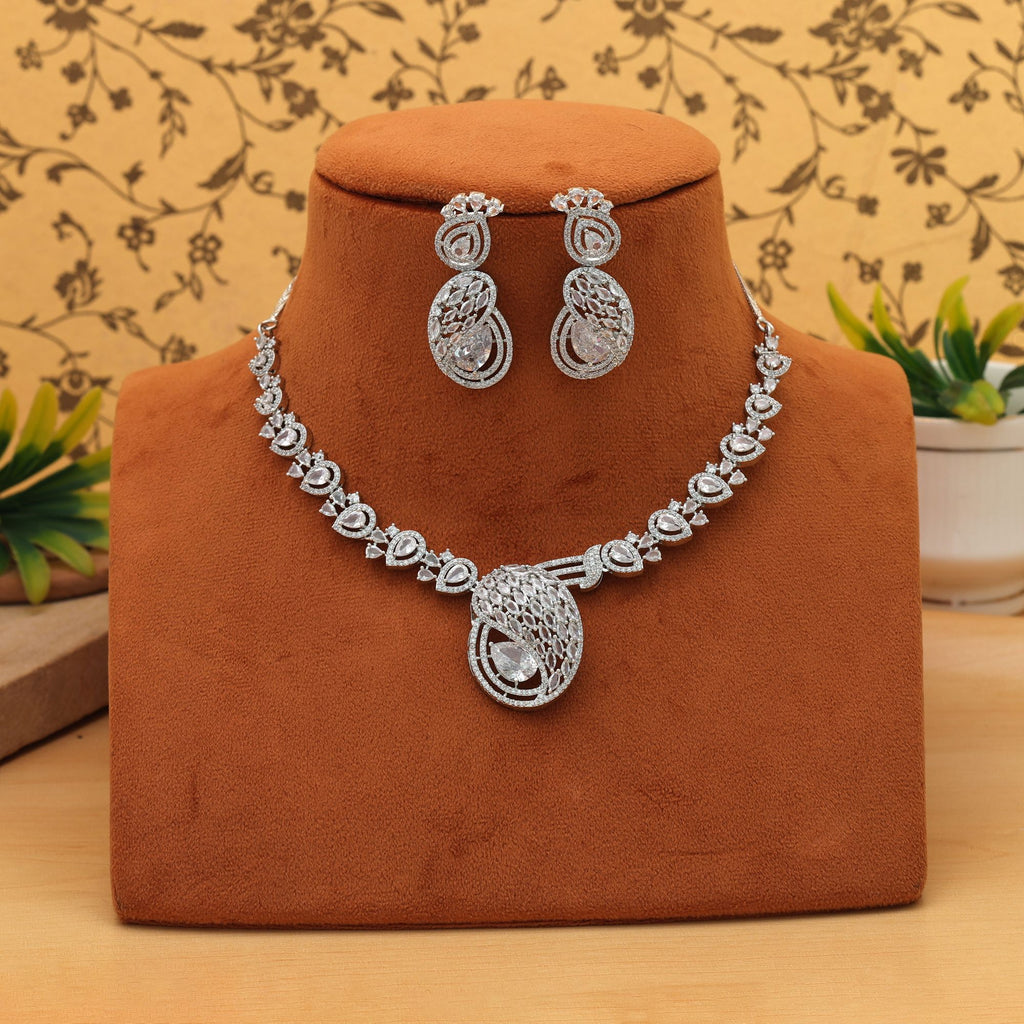 Silver Color American Diamond Necklace Set Trendy Ethnic Lightweight Daily Wear Jewelry - Silver