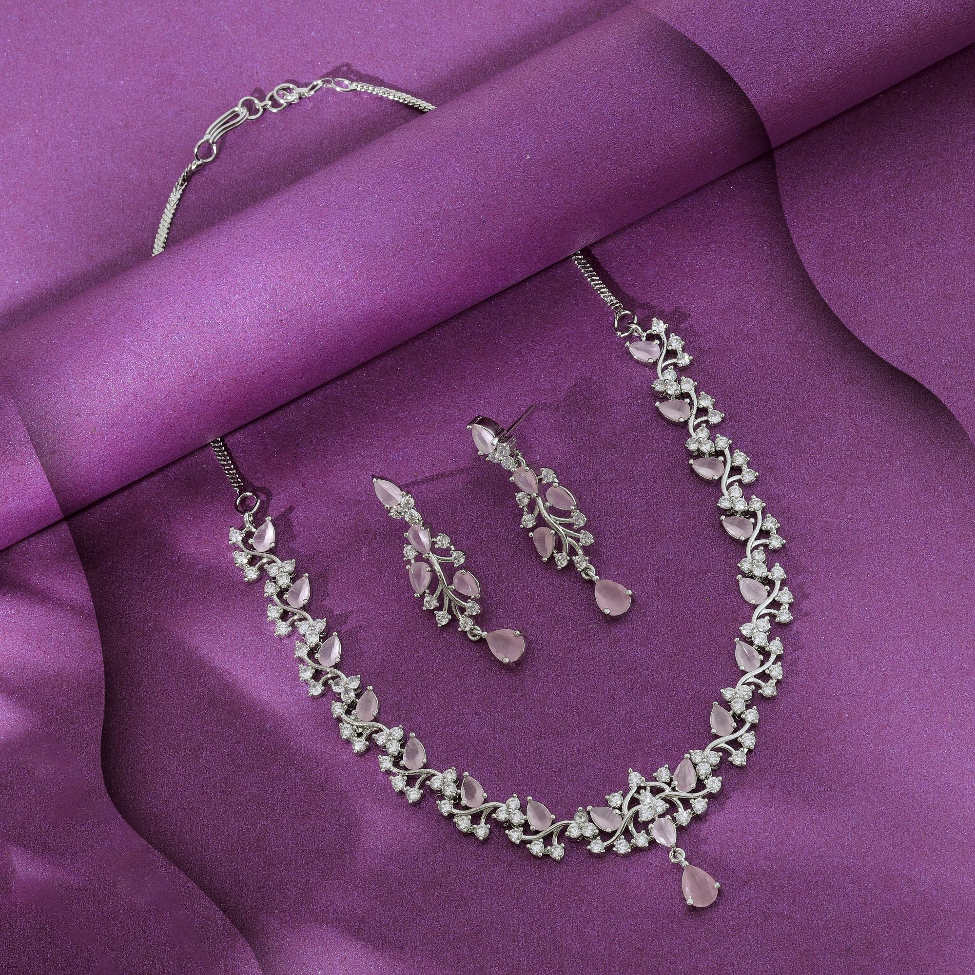 Silver Color American Diamond Necklace Set Elegant Wedding Party Wear Jewelry Collection - Silver