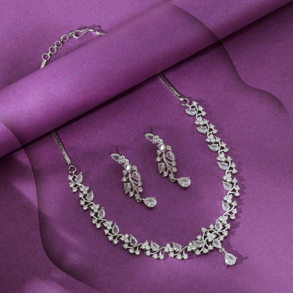 Silver Color American Diamond Necklace Set Elegant Wedding Party Wear Jewelry Collection - Silver