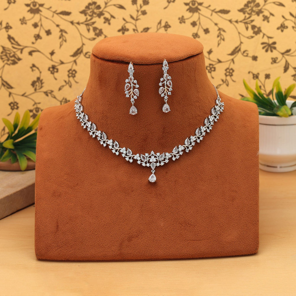 Silver Color American Diamond Necklace Set Elegant Wedding Party Wear Jewelry Collection - Silver