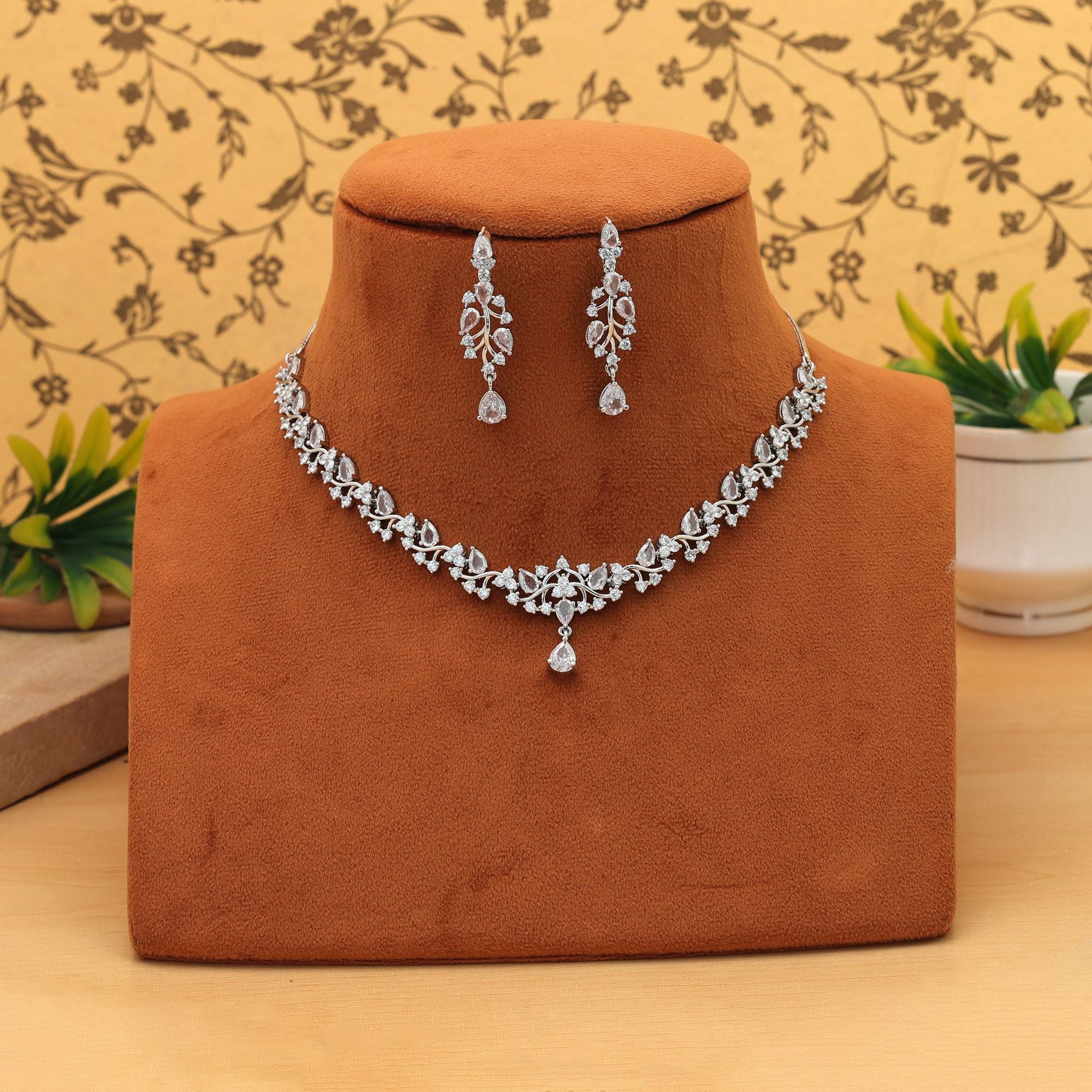 Silver Color American Diamond Necklace Set Elegant Wedding Party Wear Jewelry Collection - Silver
