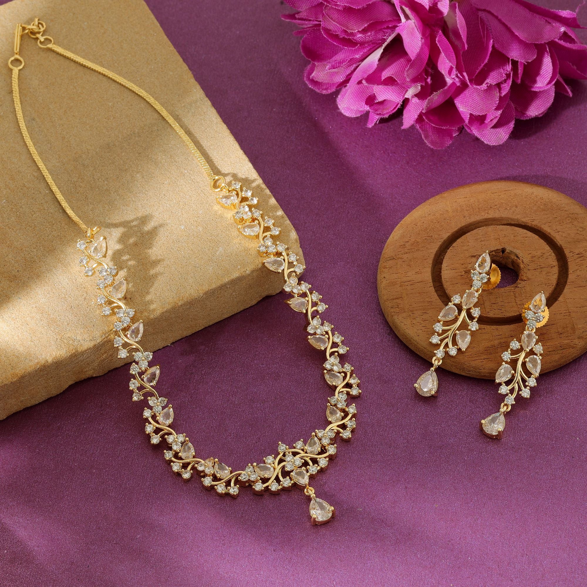White Color American Diamond Necklace Set Classic Minimal Elegant Jewelry Design Collection - White
