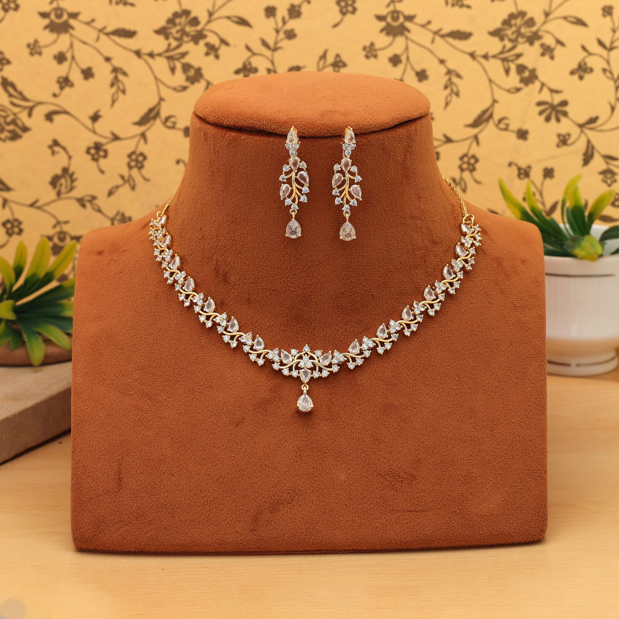 White Color American Diamond Necklace Set Classic Minimal Elegant Jewelry Design Collection - White