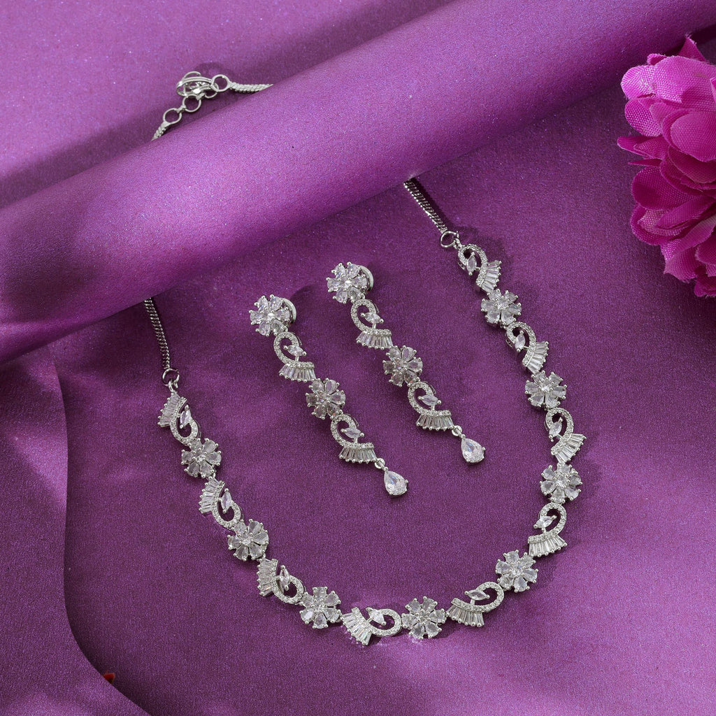 Silver Color American Diamond Necklace Set Trendy Designer Ethnic Jewelry Collection Design - Silver