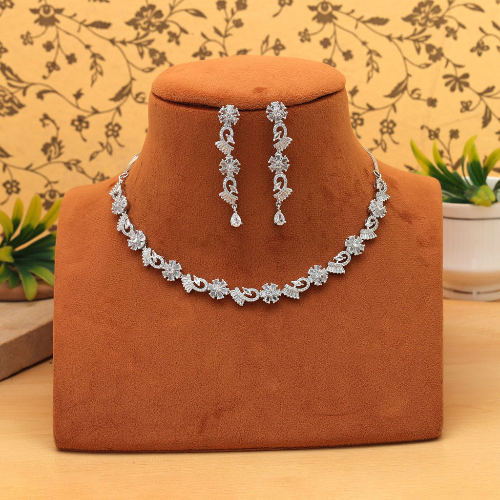 Silver Color American Diamond Necklace Set Trendy Designer Ethnic Jewelry Collection Design - Silver
