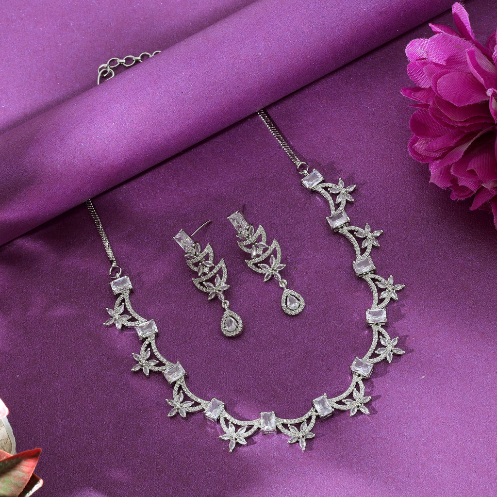 Silver Color American Diamond Necklace Set Chic Modern Minimal Jewelry Collection Design - Silver