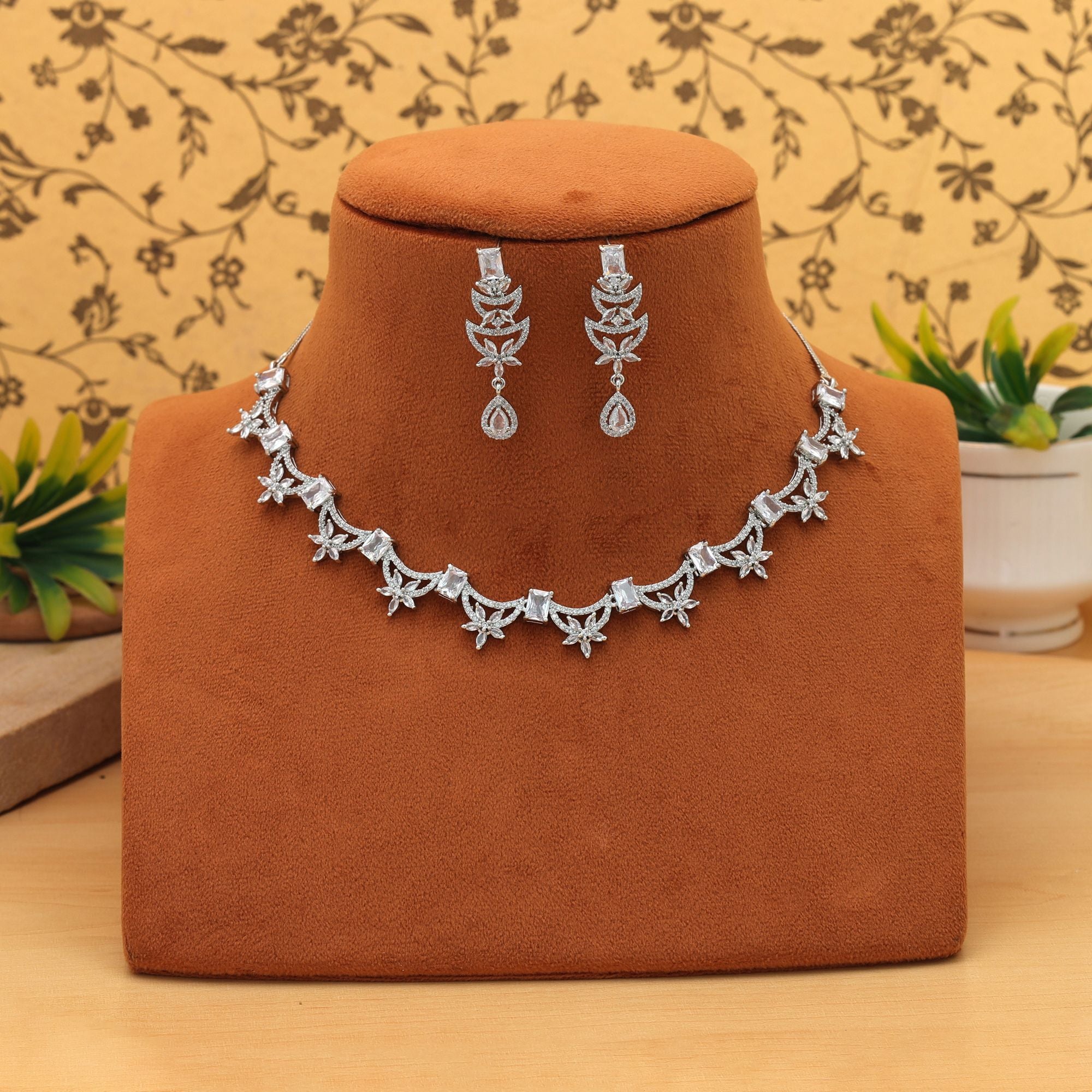 Silver Color American Diamond Necklace Set Chic Modern Minimal Jewelry Collection Design - Silver