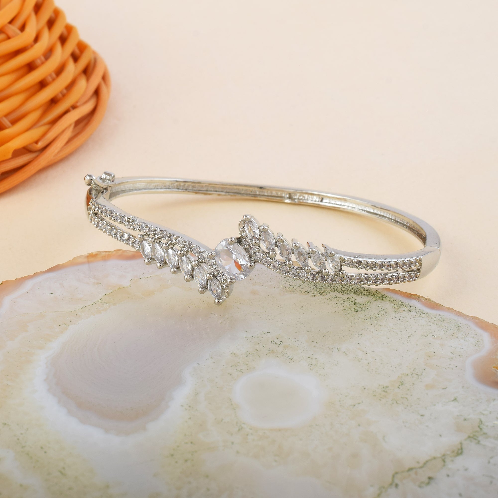 Classic Silver Color American Diamond Bracelet With Eye-Catching Design - Silver