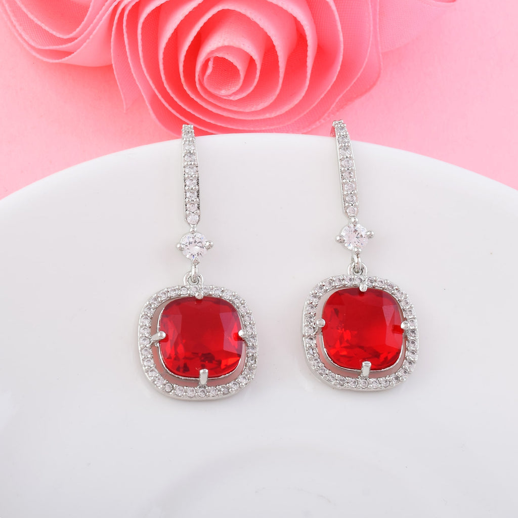 Red Color American Diamond Earrings In Twisted Loop Inspired Statement Design - Red
