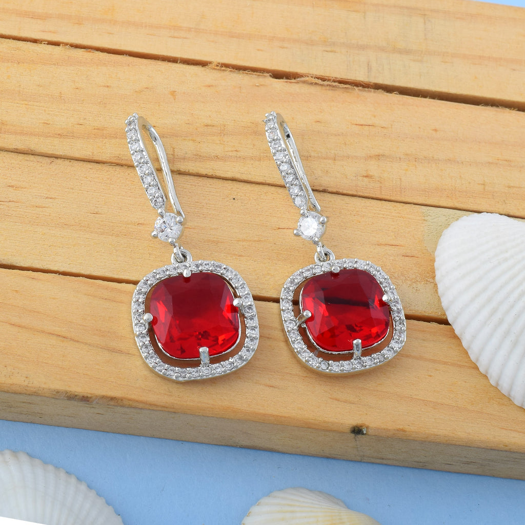 Red Color American Diamond Earrings In Twisted Loop Inspired Statement Design - Red