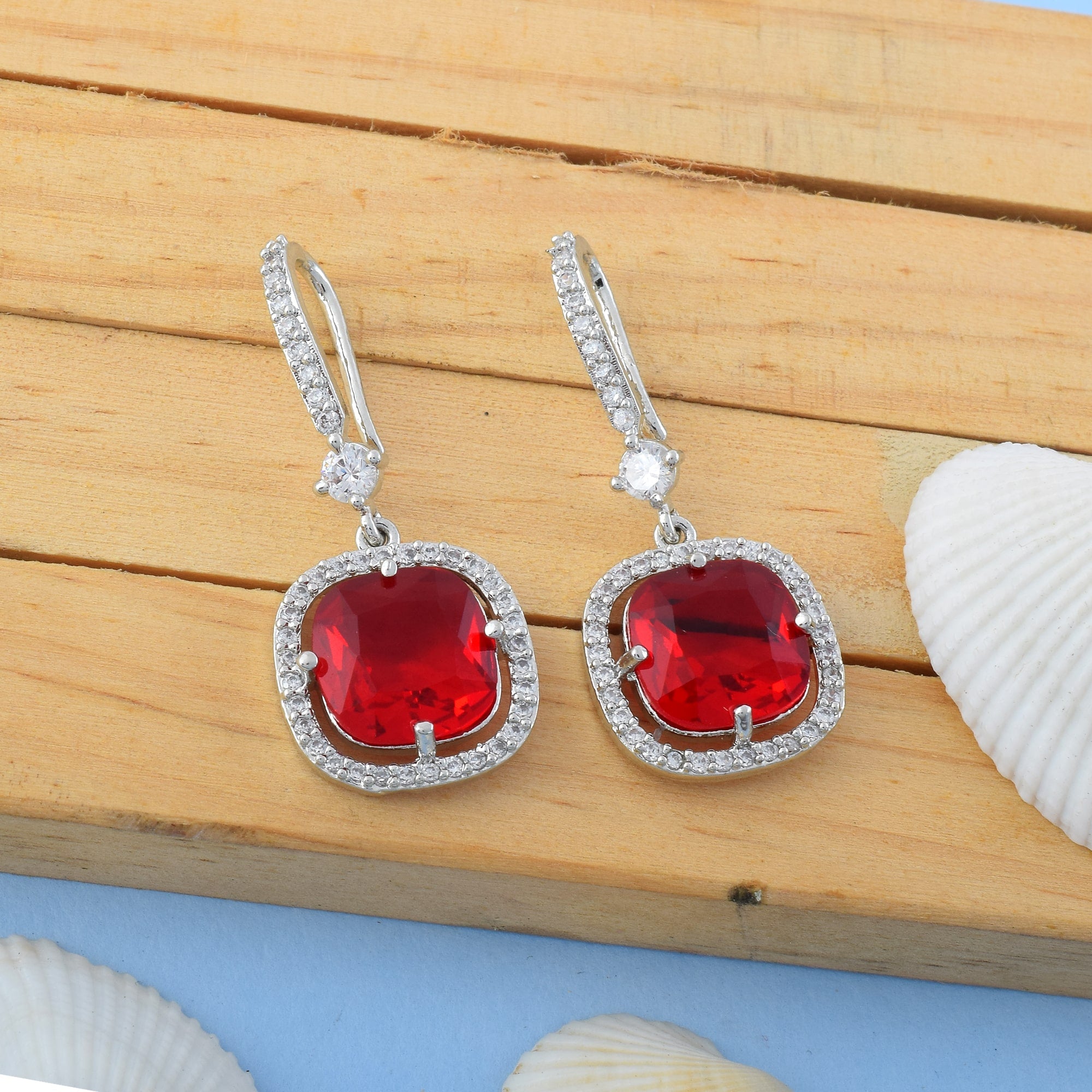 Red Color American Diamond Earrings In Twisted Loop Inspired Statement Design - Red