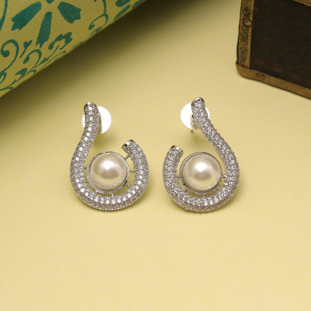 Silver Color American Diamond Earrings With Shimmering Royal Style Finish - Silver
