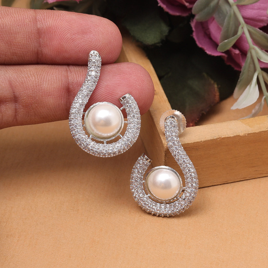 Silver Color American Diamond Earrings With Shimmering Royal Style Finish - Silver
