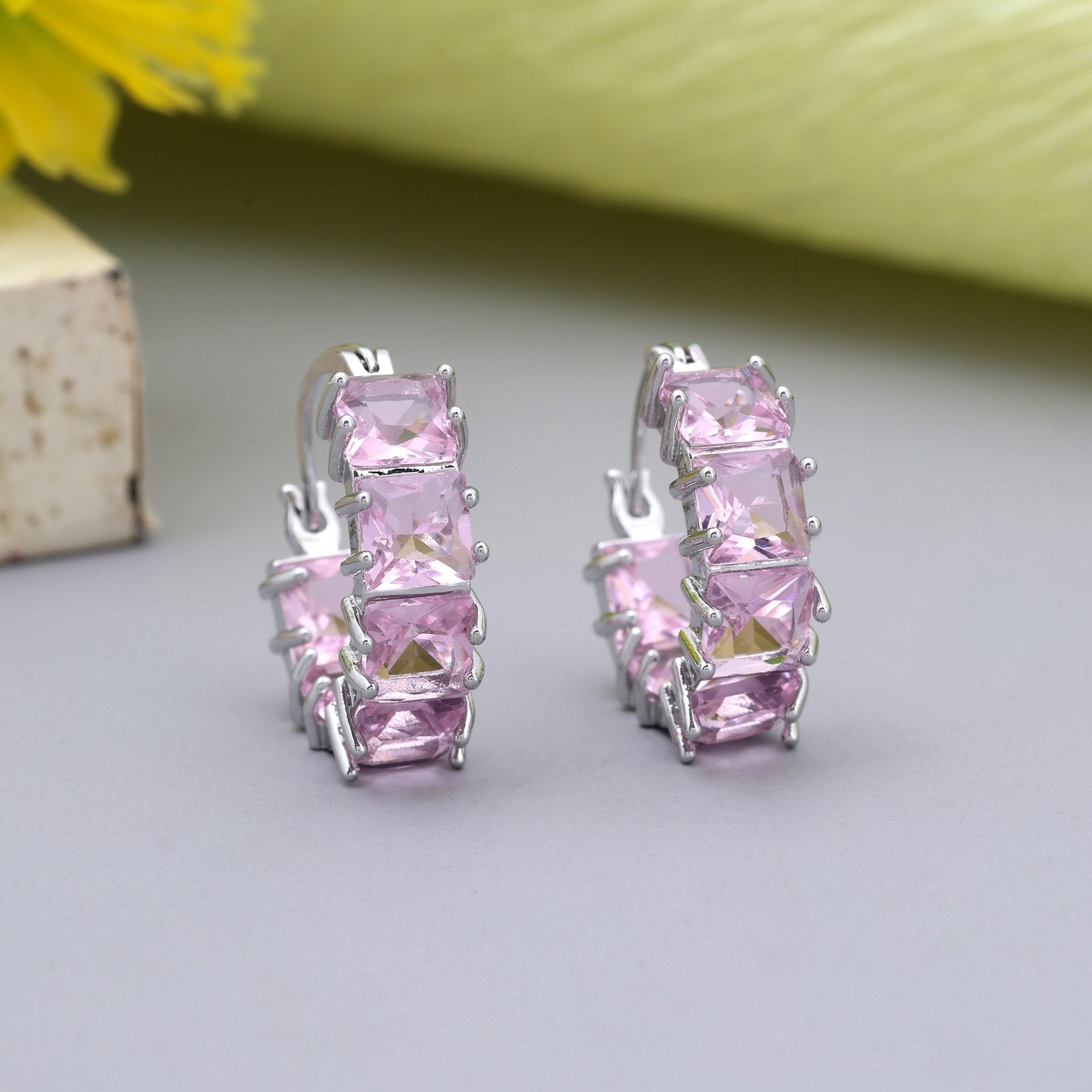 Pink Color Sparkling Party Wear American Diamond Earrings For Women And Brides - Pink