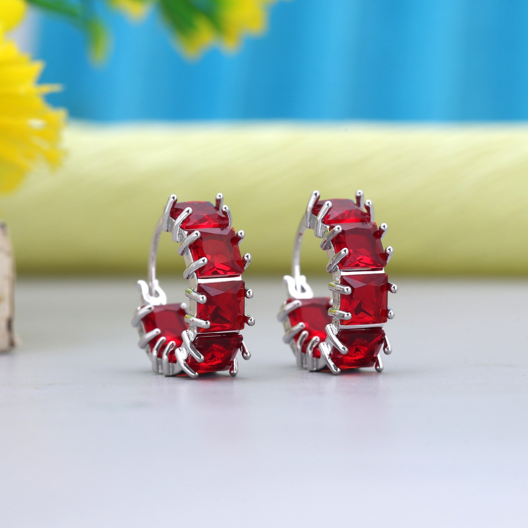 Red Color Gorgeous Stone Studded American Diamond Earrings For Party And Events - Red