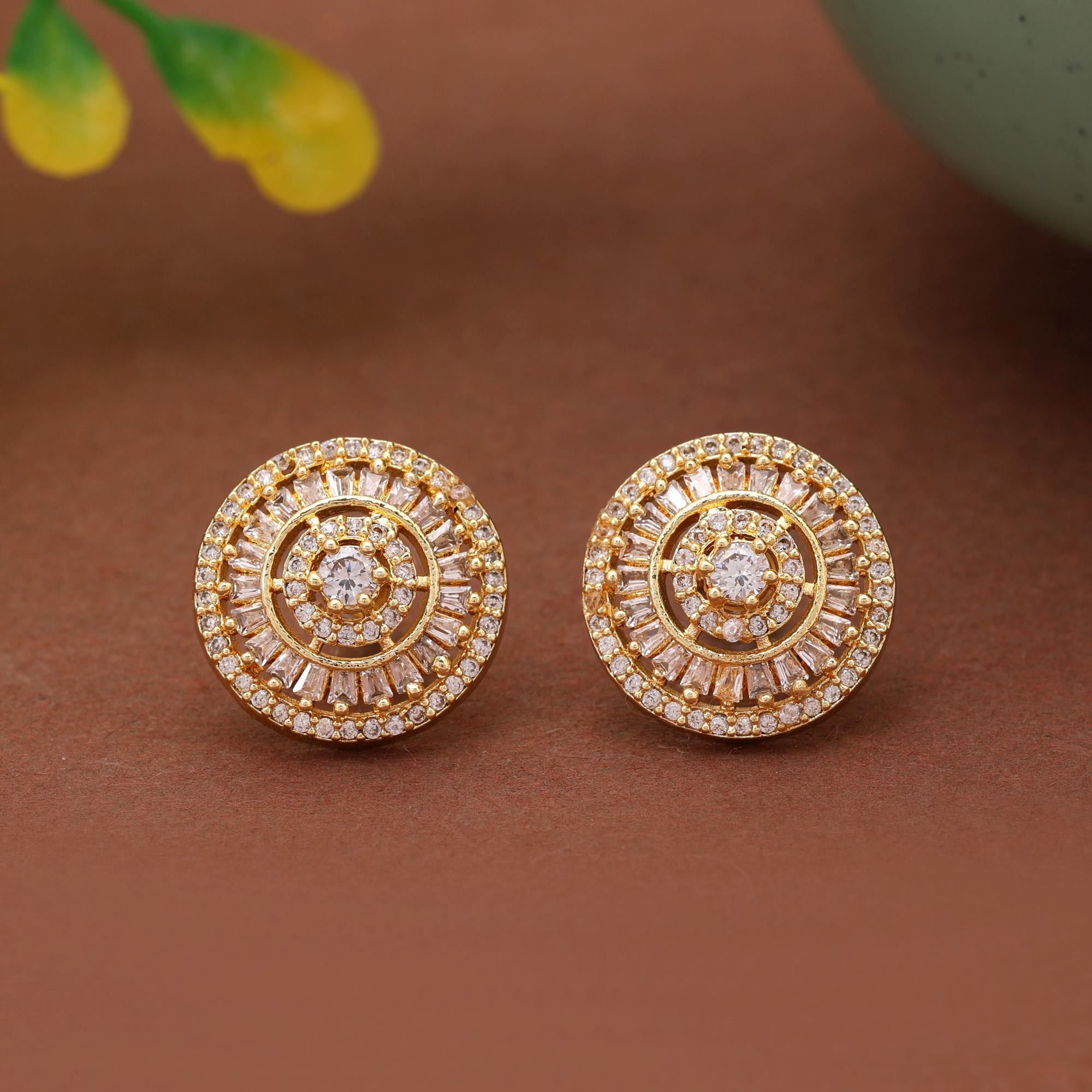 Gold Color Exclusive Designer American Diamond Earrings For Wedding And Celebration Style - Gold