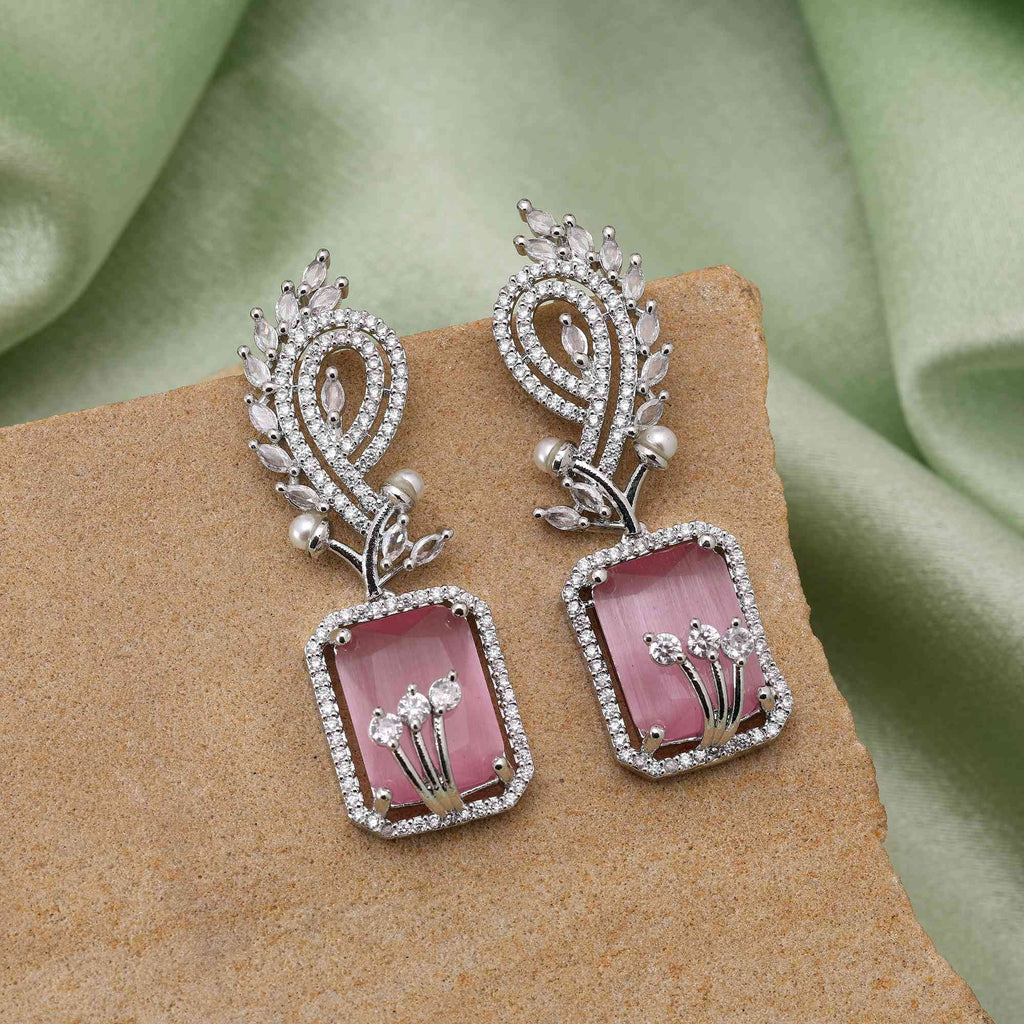 Pink Color Glamorous Shine American Diamond Earrings For Bridesmaids And Festive Wear - Pink