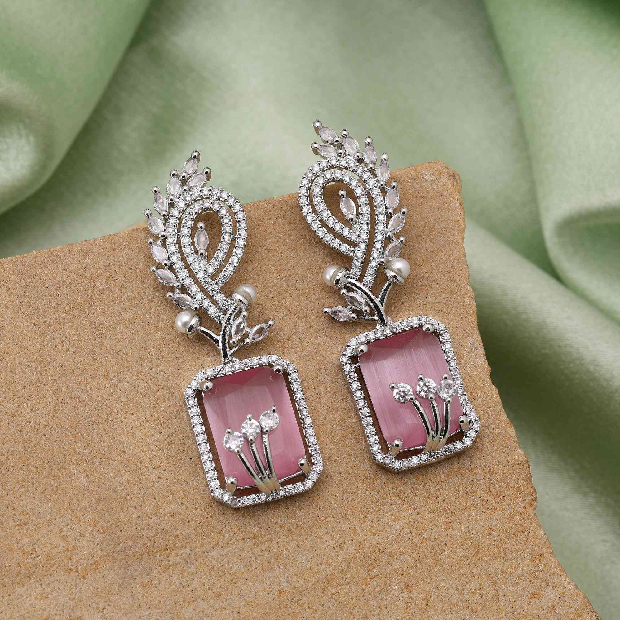Pink Color Glamorous Shine American Diamond Earrings For Bridesmaids And Festive Wear - Pink