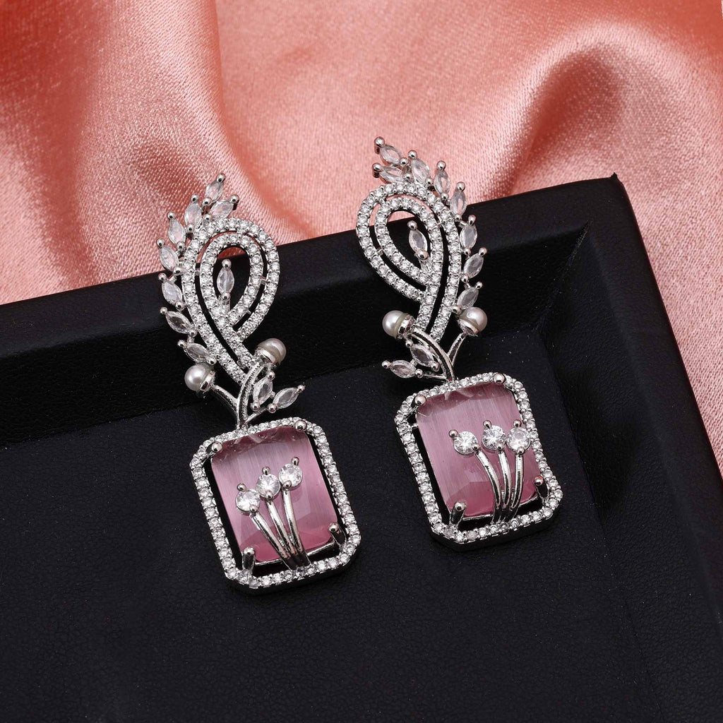 Pink Color Glamorous Shine American Diamond Earrings For Bridesmaids And Festive Wear - Pink