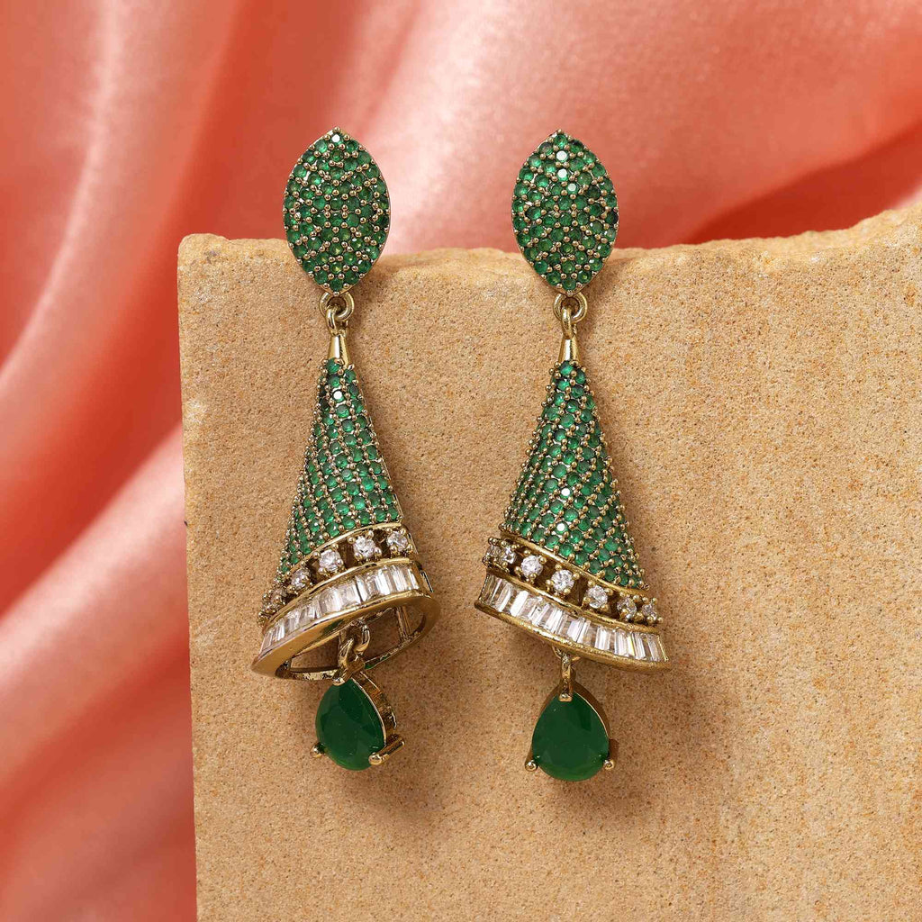 Green Color Unique Leaf Design American Diamond Earrings For Wedding And Party Looks - Green