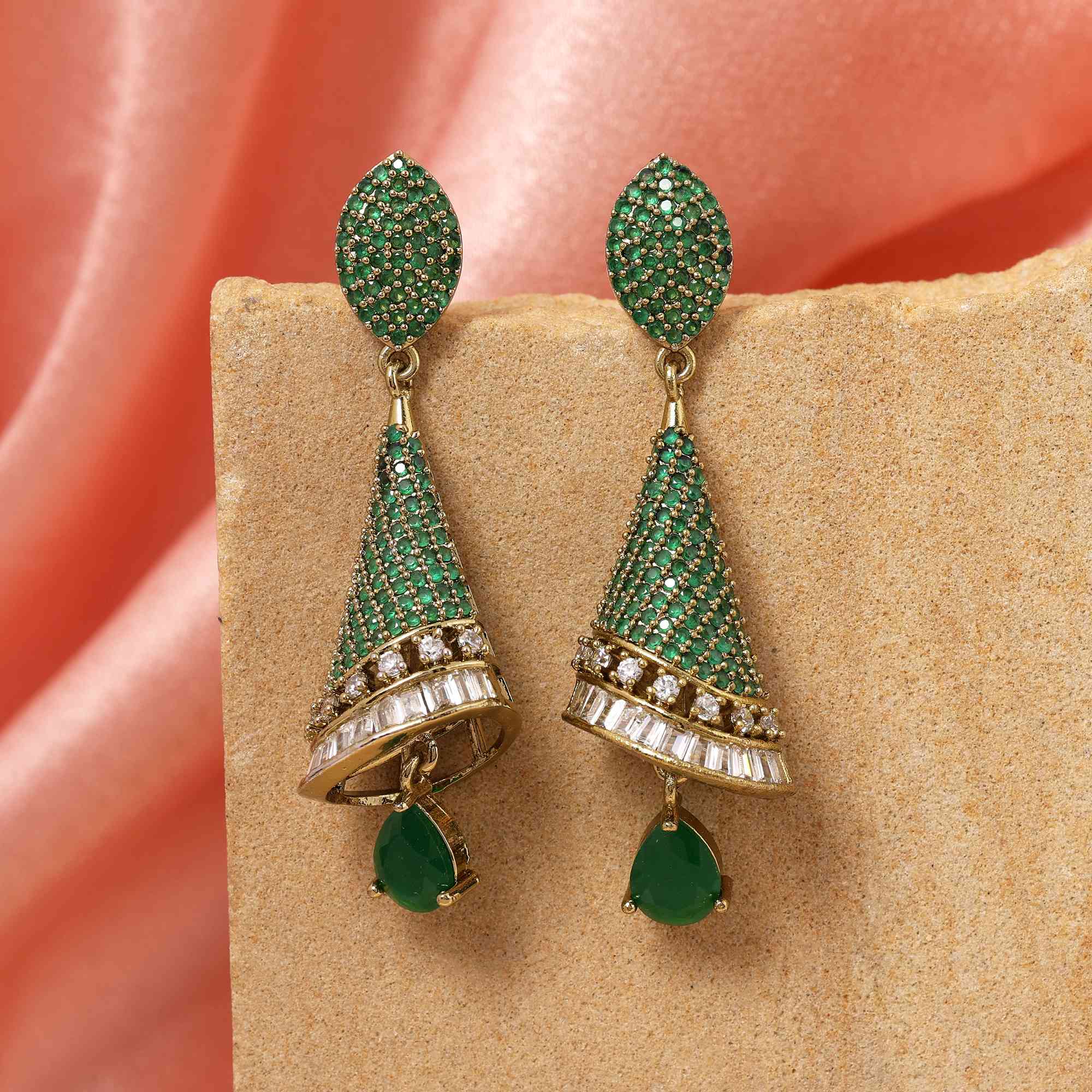 Green Color Unique Leaf Design American Diamond Earrings For Wedding And Party Looks - Green