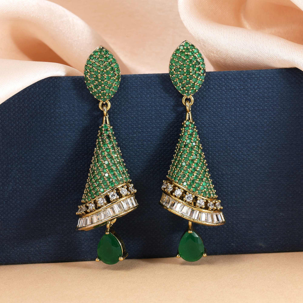 Green Color Unique Leaf Design American Diamond Earrings For Wedding And Party Looks - Green