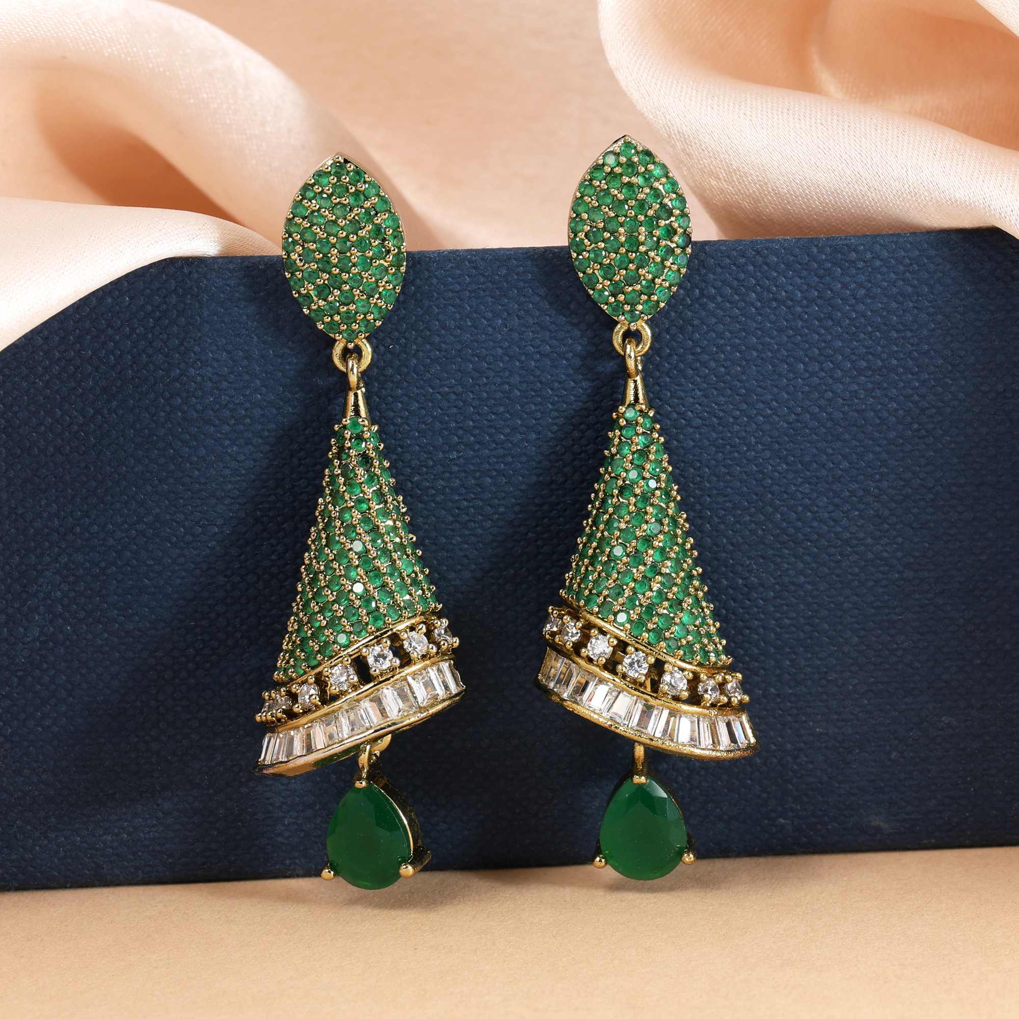 Green Color Unique Leaf Design American Diamond Earrings For Wedding And Party Looks - Green