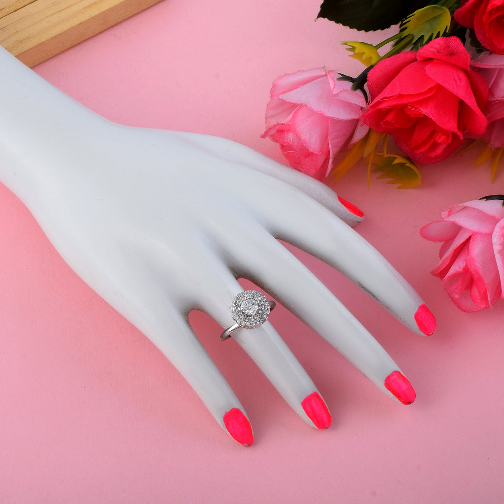 Bright Silver Color American Diamond Ring With Clean And Sleek Finish - Silver