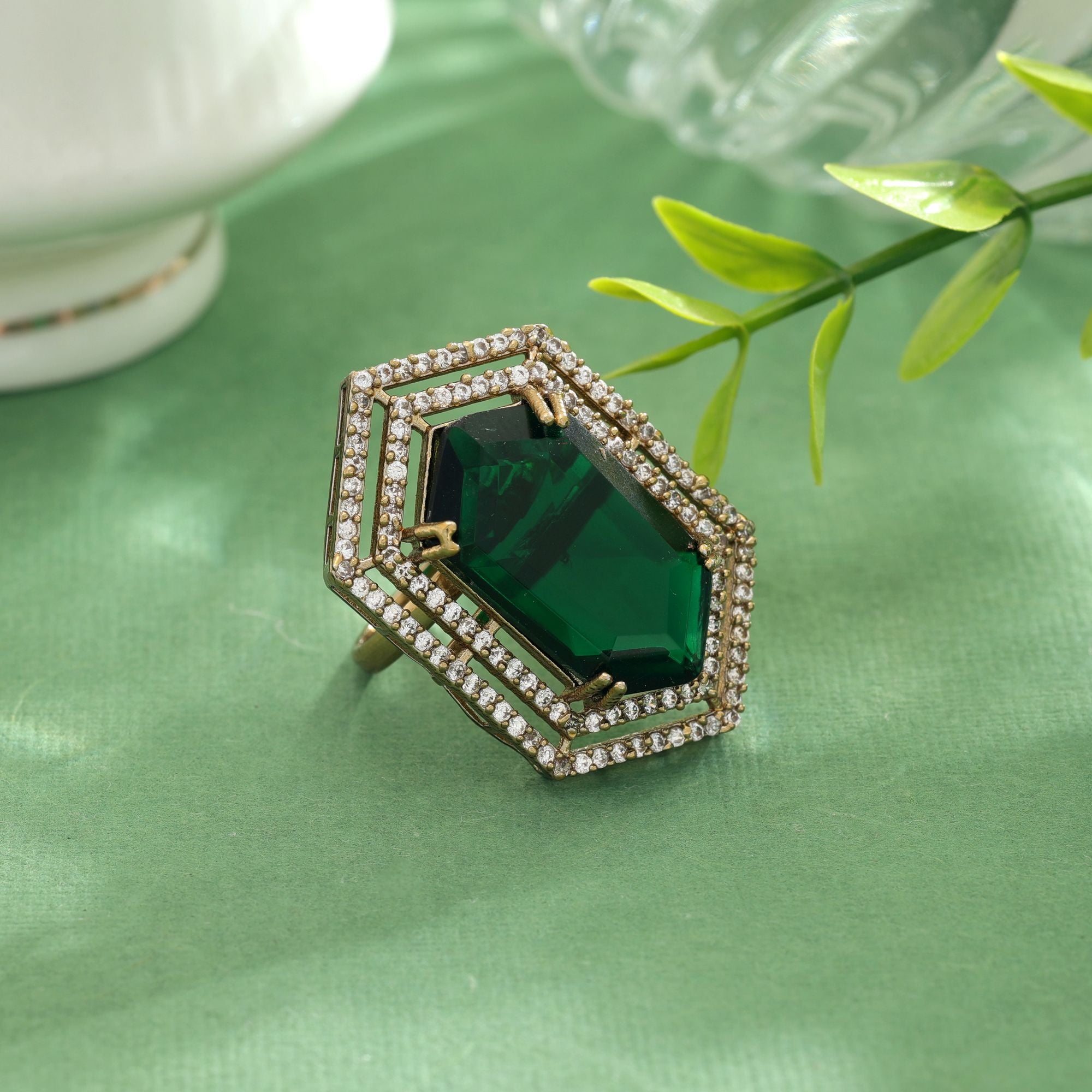 Green Color American Diamond Ring Elegant Stylish Daily Wear Jewelry Collection - Green